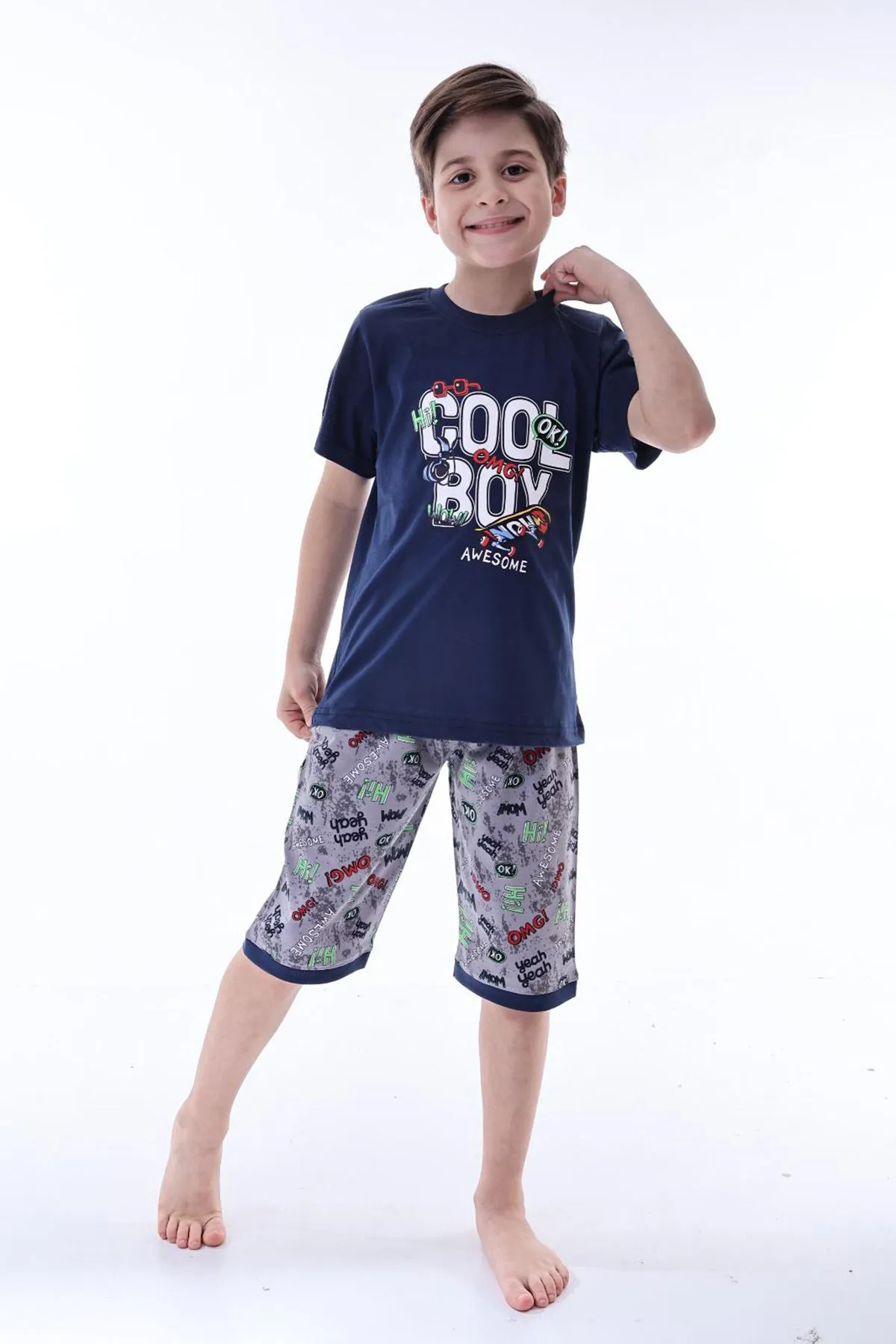Miniğimin Cicileri (6-11 Yaş) Cool Boy Desenli Erkek  Çocuk Kapri Takım - Lacivert