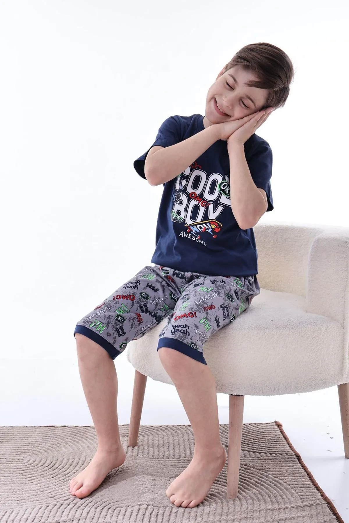 Miniğimin Cicileri (6-11 Yaş) Cool Boy Desenli Erkek  Çocuk Kapri Takım - Lacivert