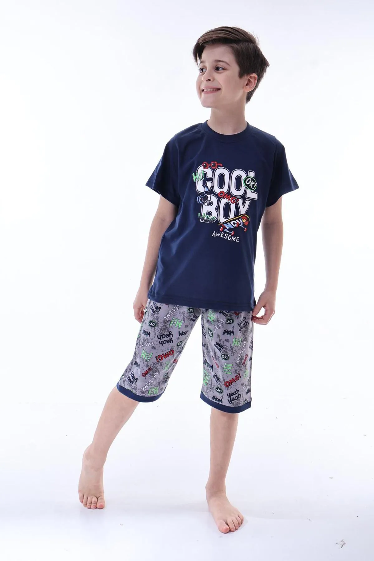Miniğimin Cicileri (6-11 Yaş) Cool Boy Desenli Erkek  Çocuk Kapri Takım - Lacivert