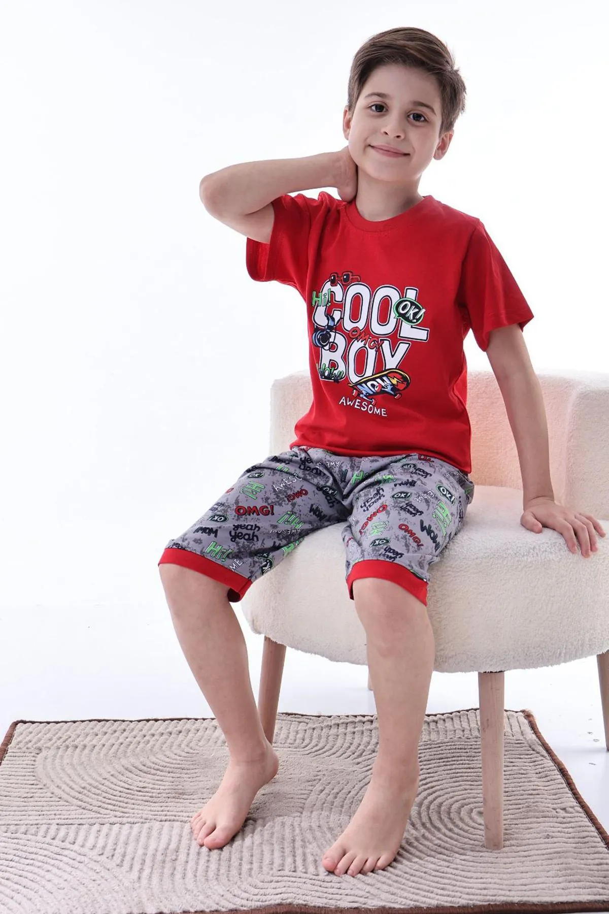 Miniğimin Cicileri (6-11 Yaş) Cool Boy Desenli Erkek  Çocuk Kapri Takım - Kırmızı