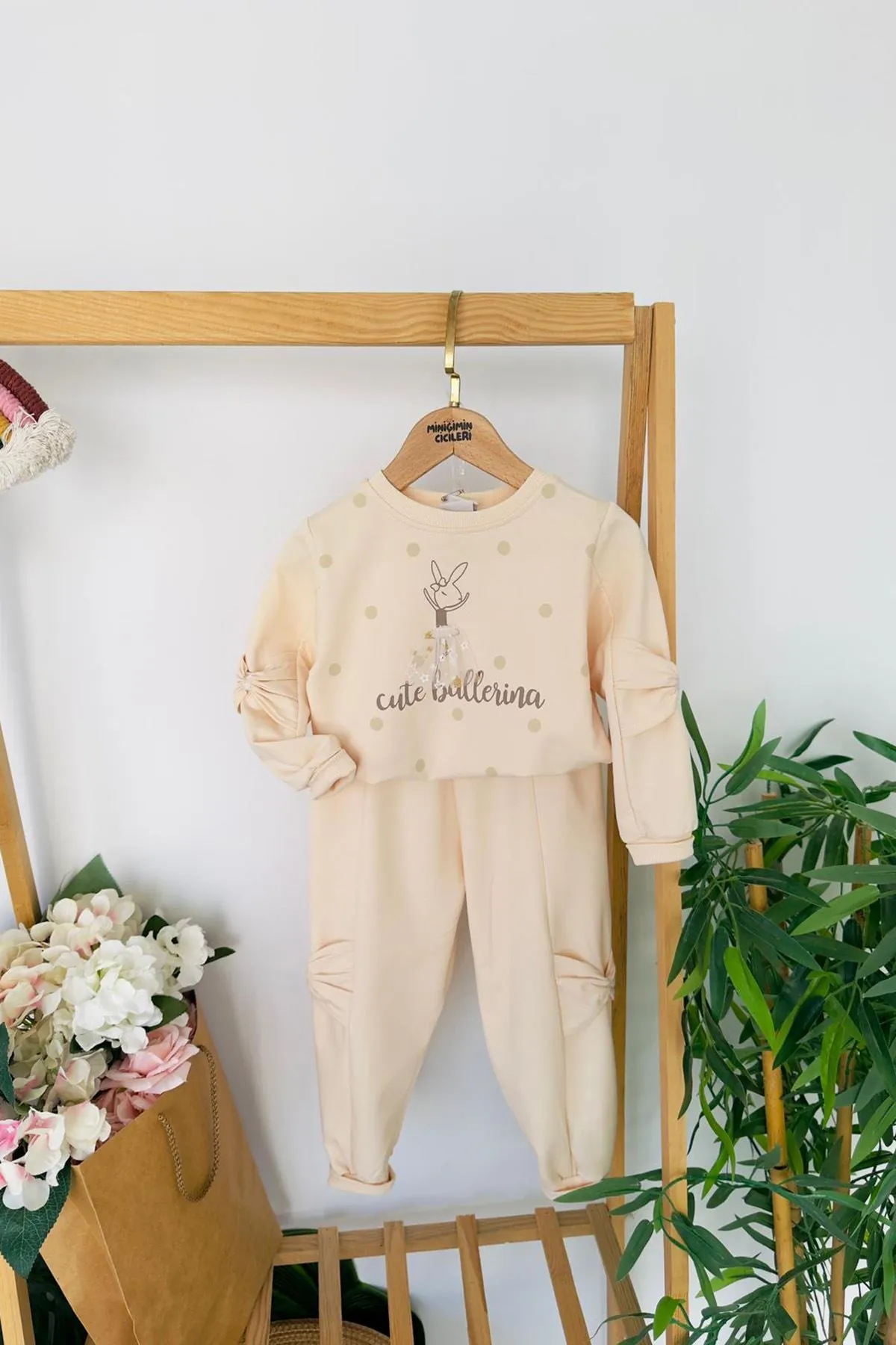 Miniğimin Cicileri Cute Balerina Desenki Fiyonk Detaylı Kız Çocuk 2 li Takım - Krem