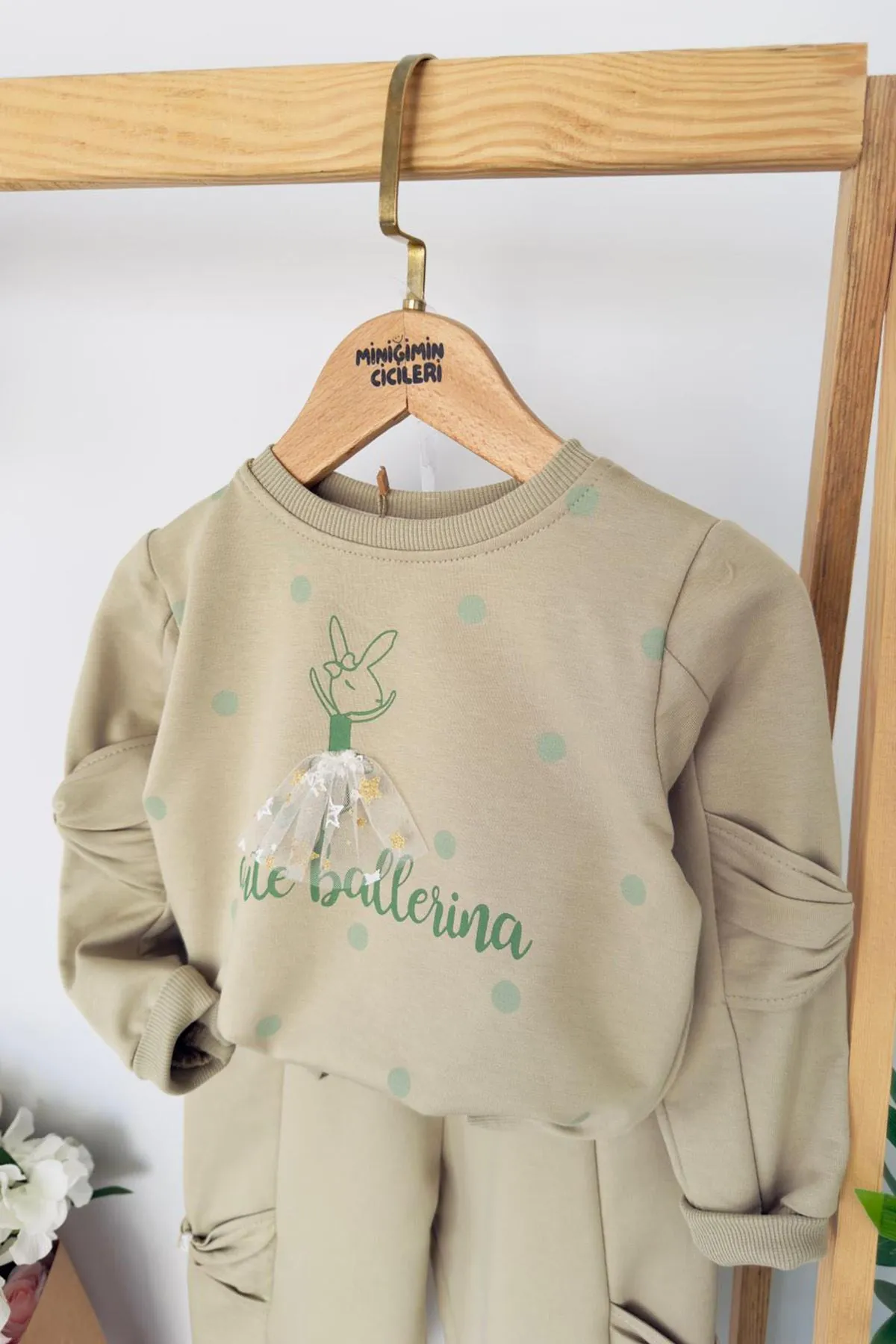 Miniğimin Cicileri Cute Balerina Desenki Fiyonk Detaylı Kız Çocuk 2 li Takım - Yeşil