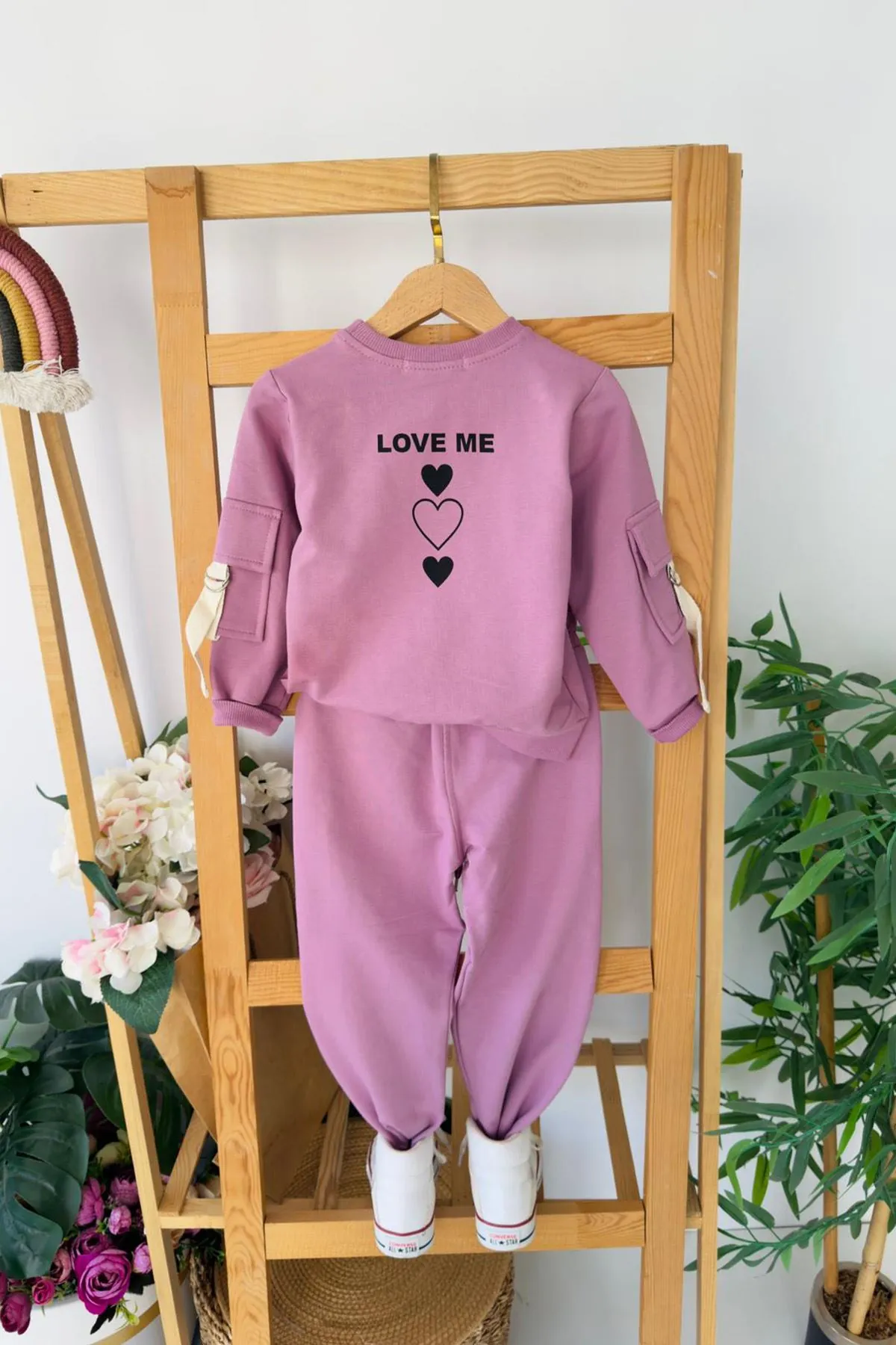 Miniğimin Cicileri Love Me Baskılı Kol Cep Detaylı Kız Çocuk 2 li Takım - Mor