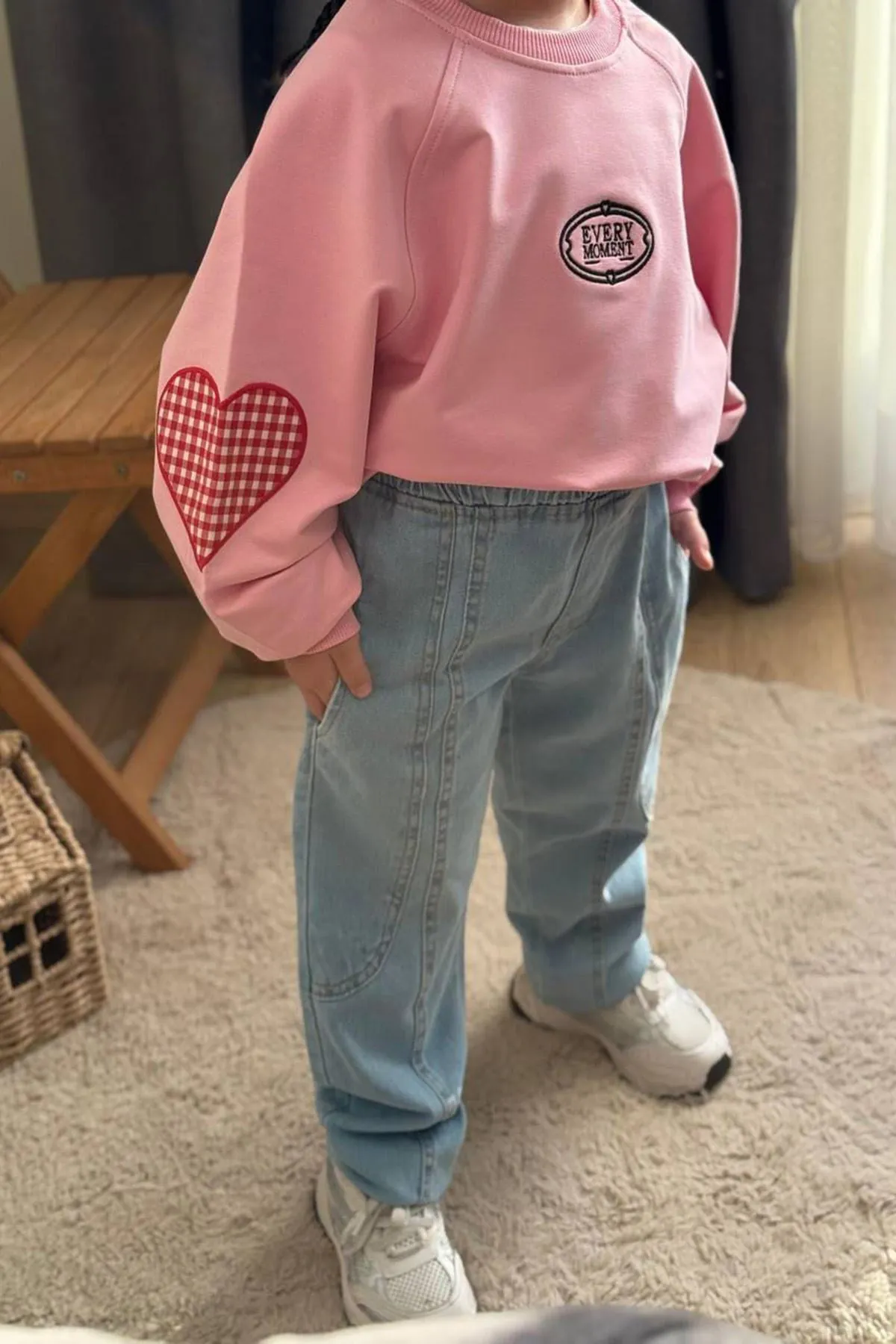 Miniğimin Cicileri Ekose Kalp Desenli Kot Pantolonlu Kız Çocuk Takım - Pembe