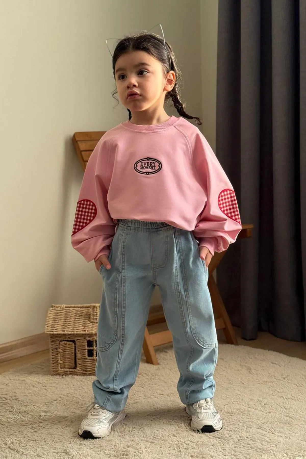 Miniğimin Cicileri Ekose Kalp Desenli Kot Pantolonlu Kız Çocuk Takım - Pembe