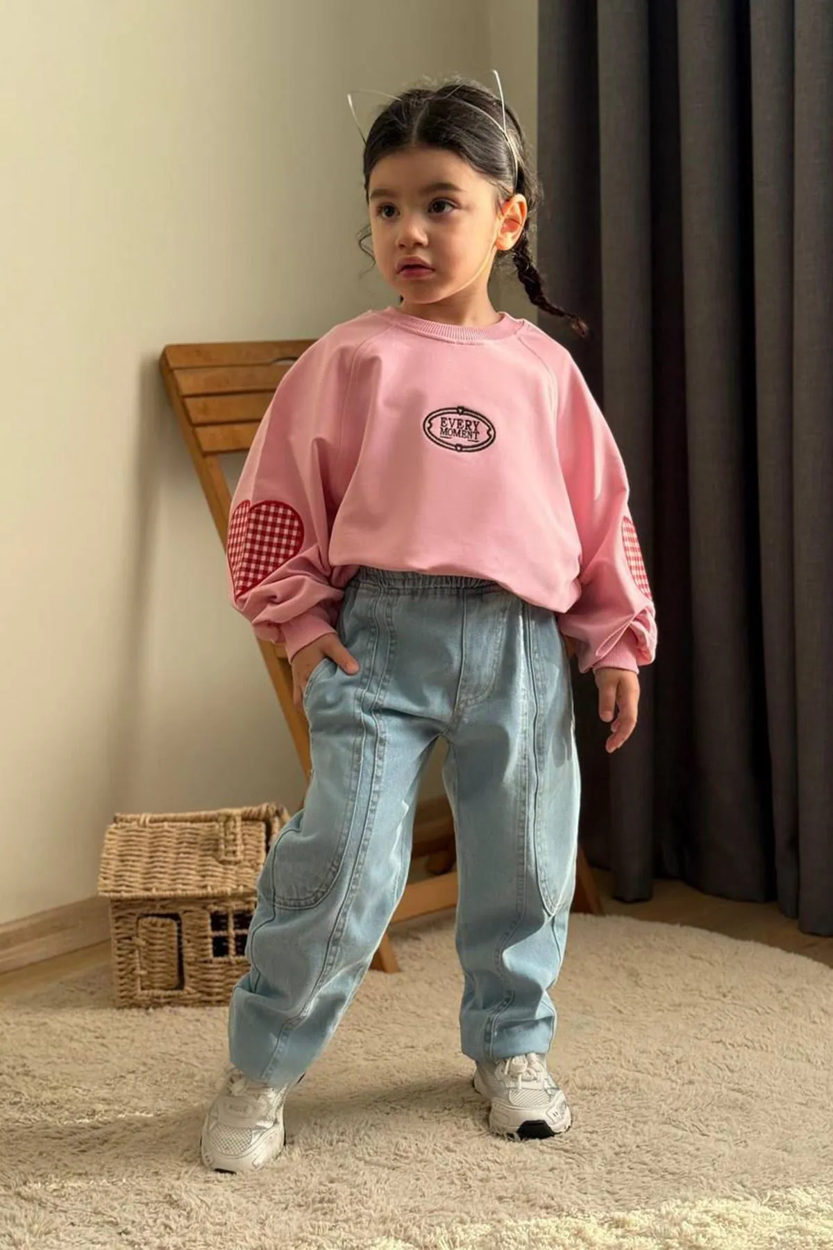 Miniğimin Cicileri Ekose Kalp Desenli Kot Pantolonlu Kız Çocuk Takım - Pembe