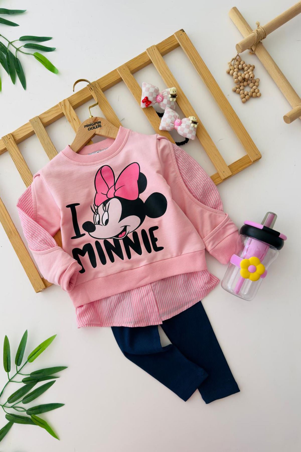 Miniğimin Cicileri I Mnn Baskılı Kol Detaylı Kız Çocuk 2 li Takım - Pembe