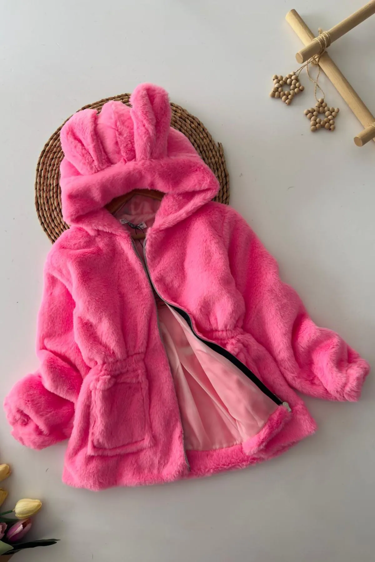 Miniğimin Cicileri Kulaklı Kapüşonlu Kız Çocuk Peluş Mont - Pembe