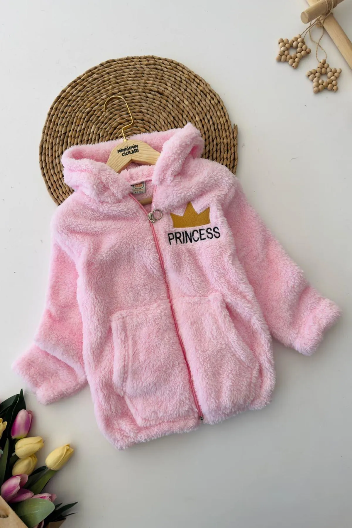 Miniğimin Cicileri Princess İşleme Kız Çocuk Kapüşonlu Peluş Hırka - Açık Pembe
