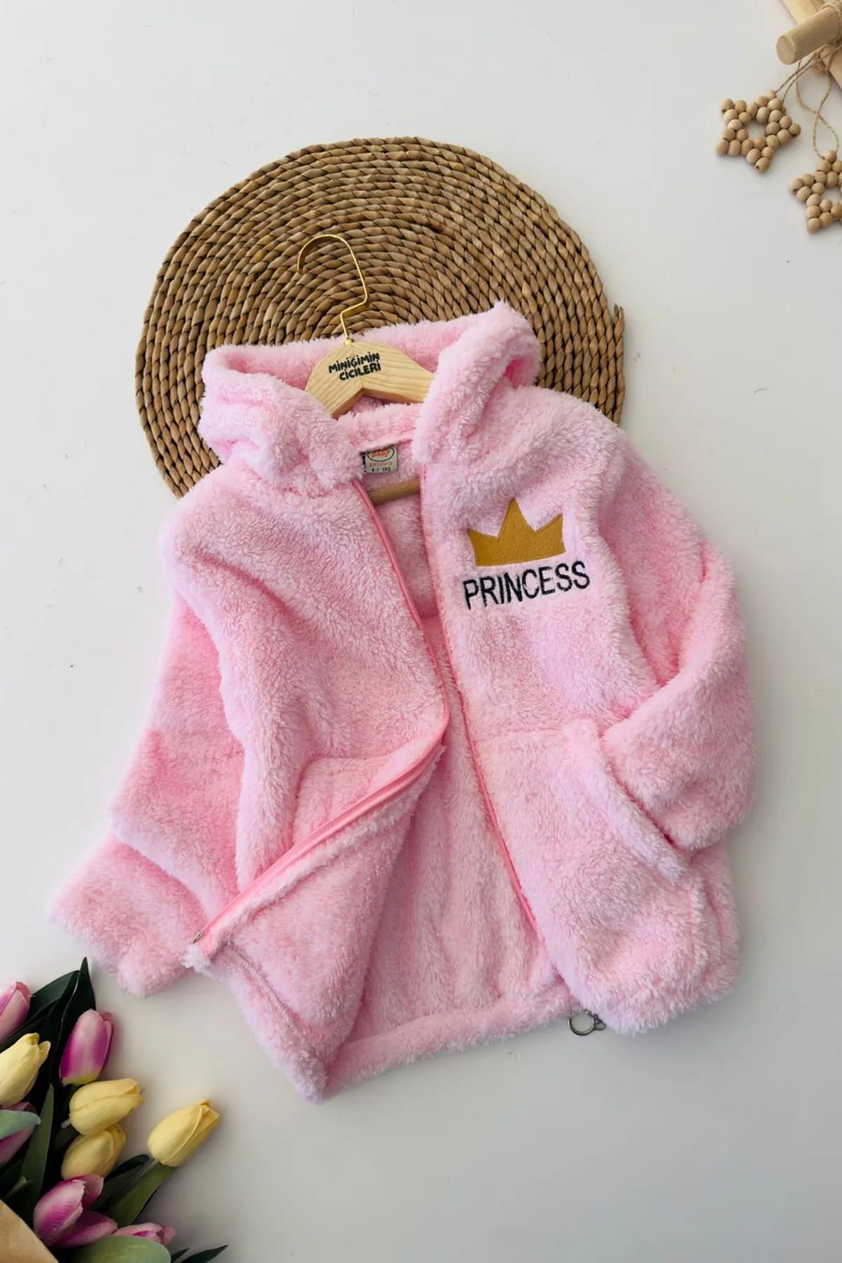 Miniğimin Cicileri Princess İşleme Kız Çocuk Kapüşonlu Peluş Hırka - Açık Pembe