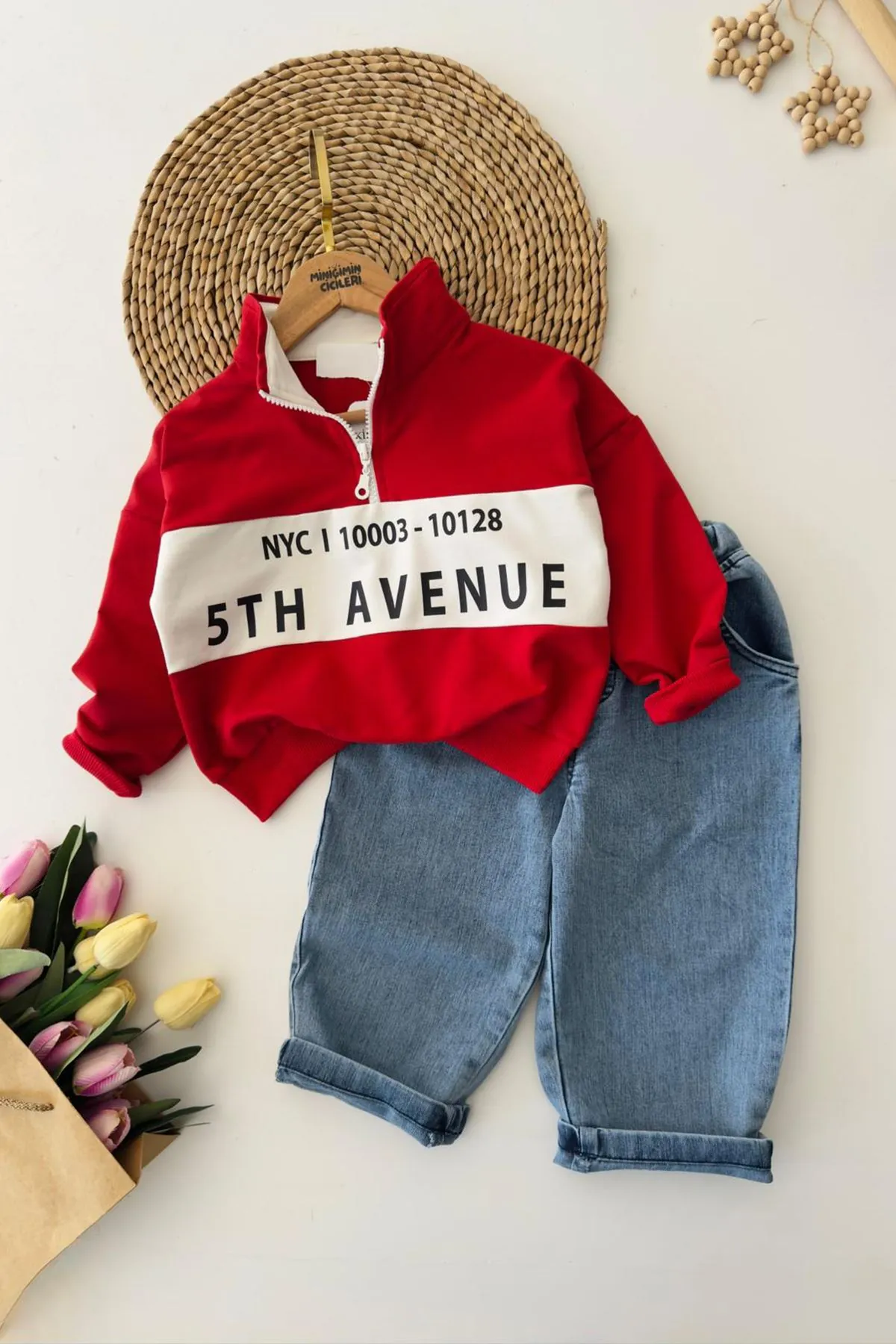 Miniğimin Cicileri 5th Avenue Baskılı Fermuarlı Sweatshirt ve Kot Pantolon 2’li Erkek Çocuk Takım - Kırmızı