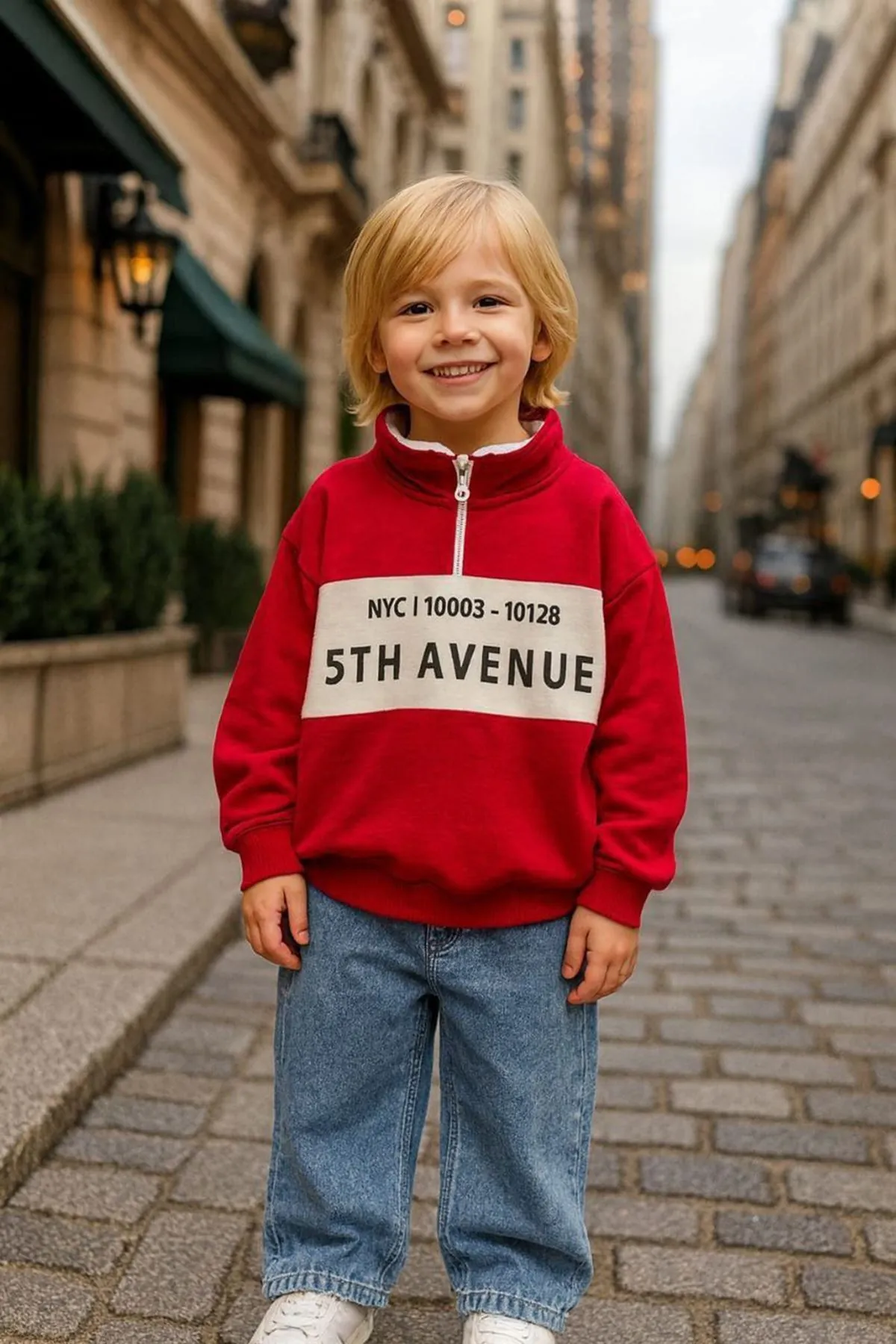 Miniğimin Cicileri 5th Avenue Baskılı Fermuarlı Sweatshirt ve Kot Pantolon 2’li Erkek Çocuk Takım - Kırmızı