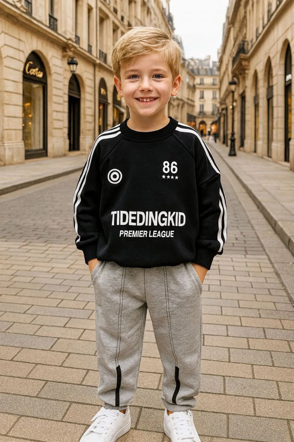 Miniğimin Cicileri Erkek Çocuk Şerit Detaylı Sweatshirt ve Eşofman Altı Spor Takım 2’li - Siyah