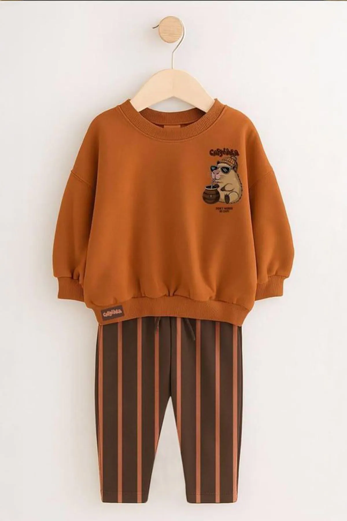 Miniğimin Cicileri Sincap Baskılı Çizgili Eşofmanlı Unisex Çocuk Takım - Kiremit