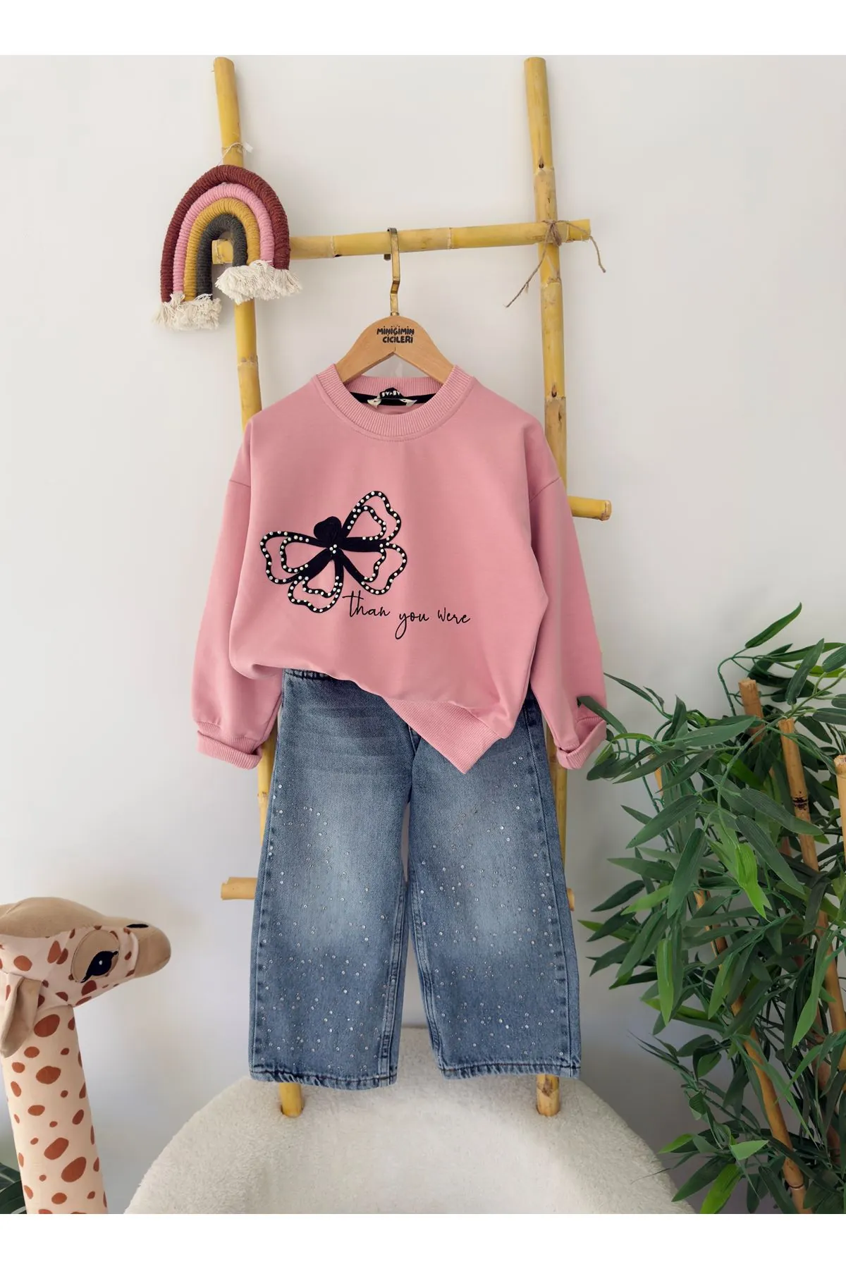 Miniğimin Cicileri Taşlı Kot Pantolonlu Kelebek Detaylı Kız Çocuk Takım - Pembe