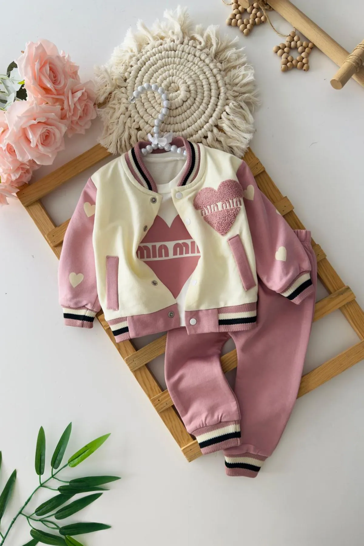 Miniğimin Cicileri Kalp Panç İşleme Detaylı Kız Bebe Kolej Takım - Gül Kurusu