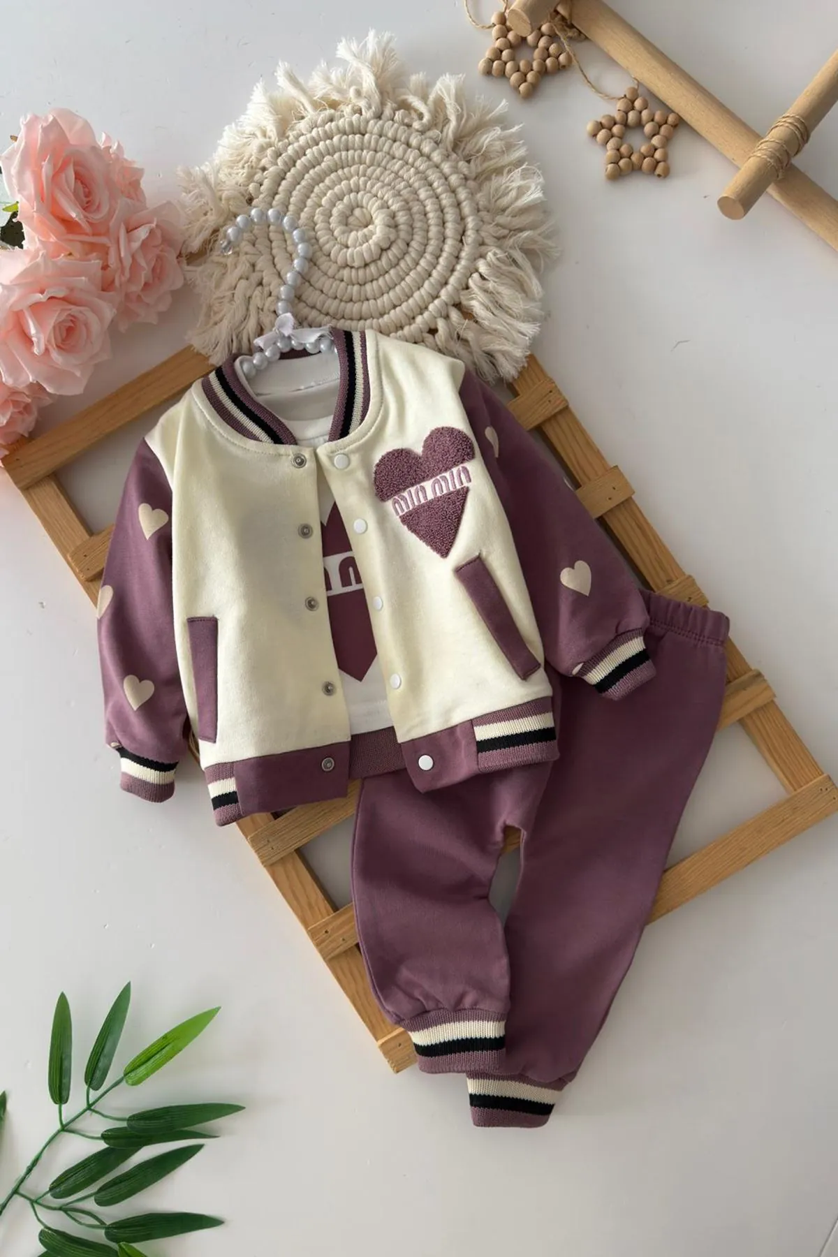 Miniğimin Cicileri Kalp Panç İşleme Detaylı Kız Bebe Kolej Takım - Mürdüm