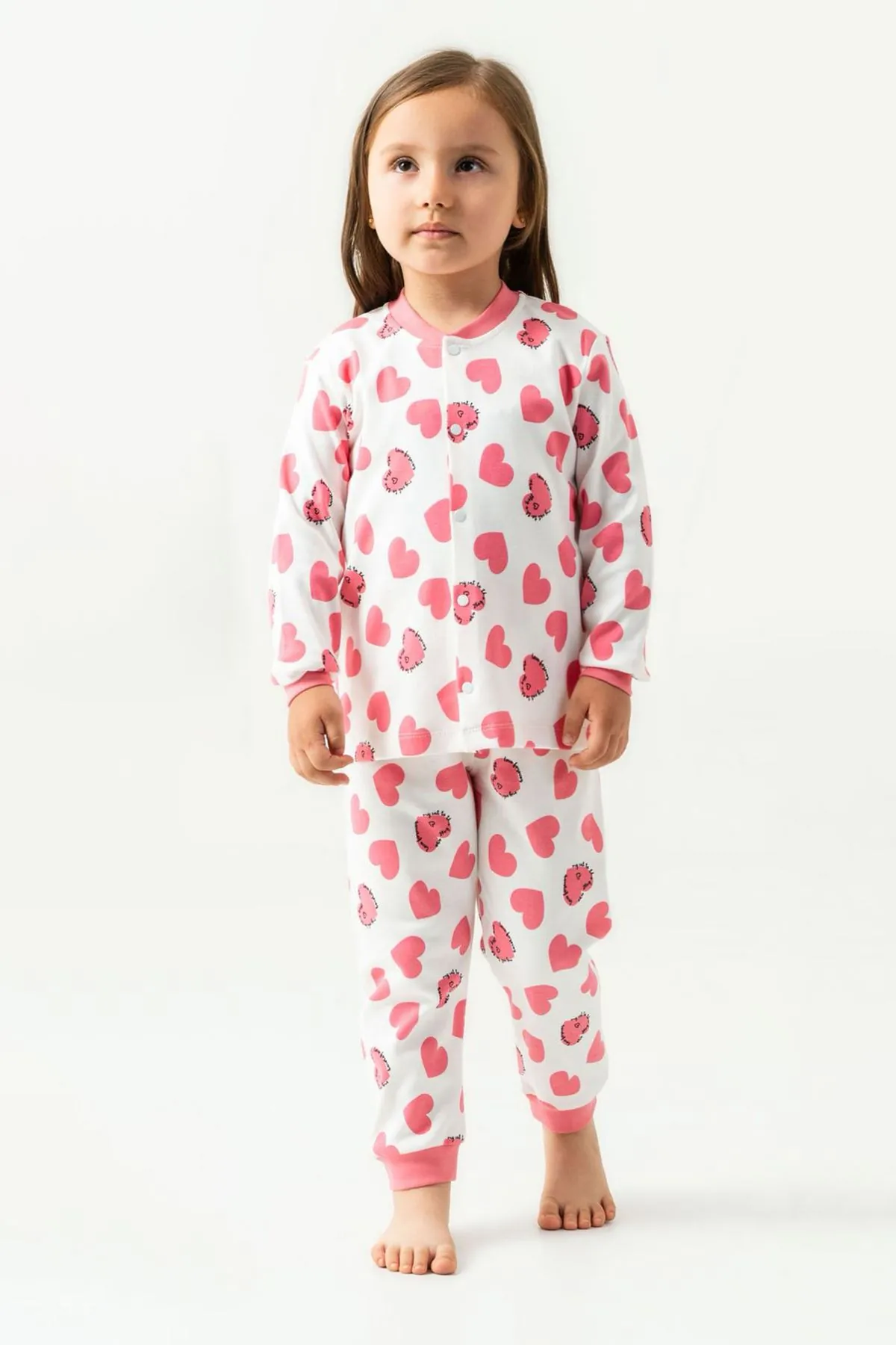 Miniğimin Cicileri Kalp Baskılı Pamuklu Kız Çocuk Çıtçıtlı Pijama Takımı - Gül