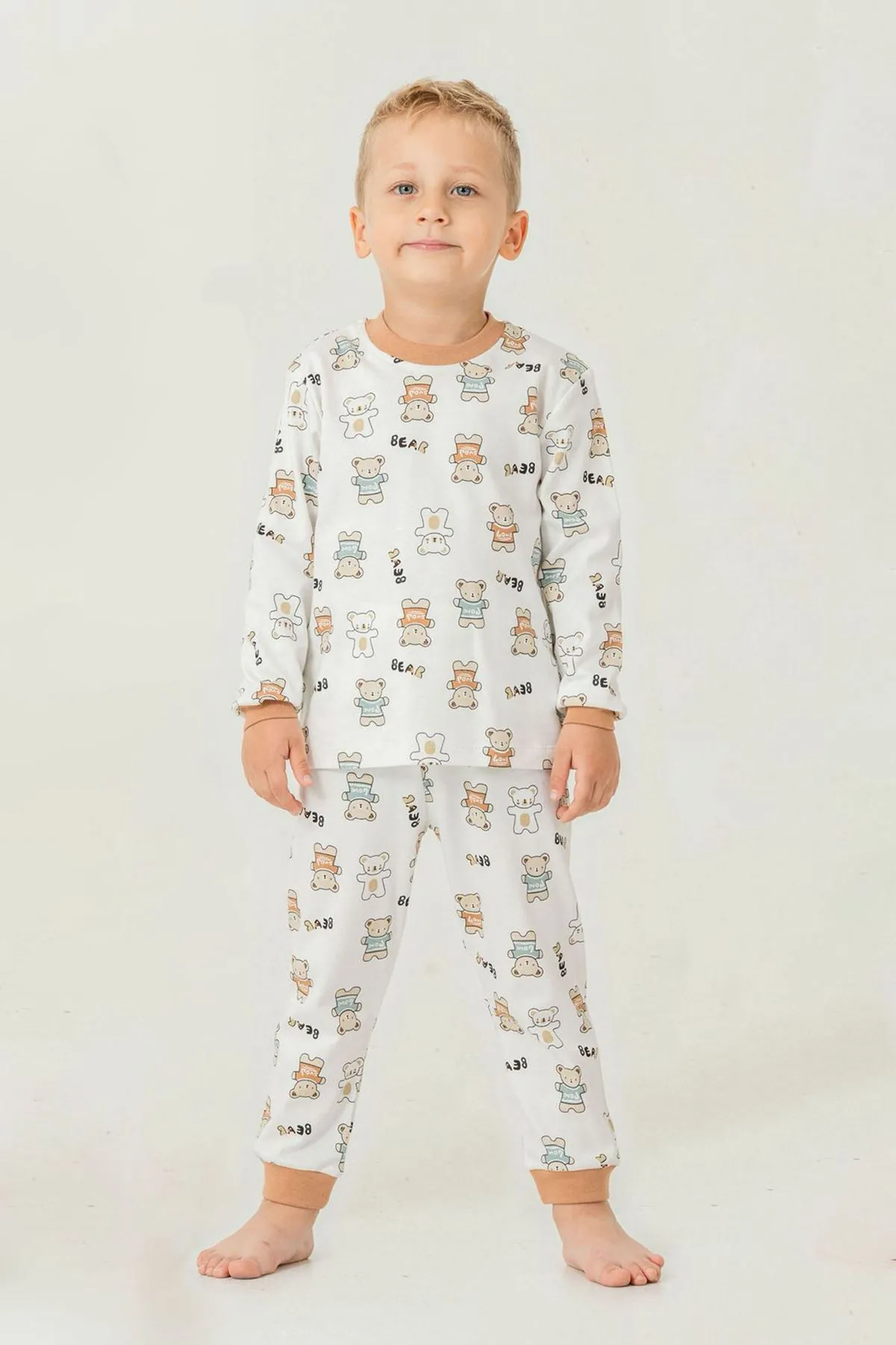 Miniğimin Cicileri Ayıcık Baskılı Pamuklu Erkek Çocuk Bisiklet yaka  Pijama Takımı - Camel