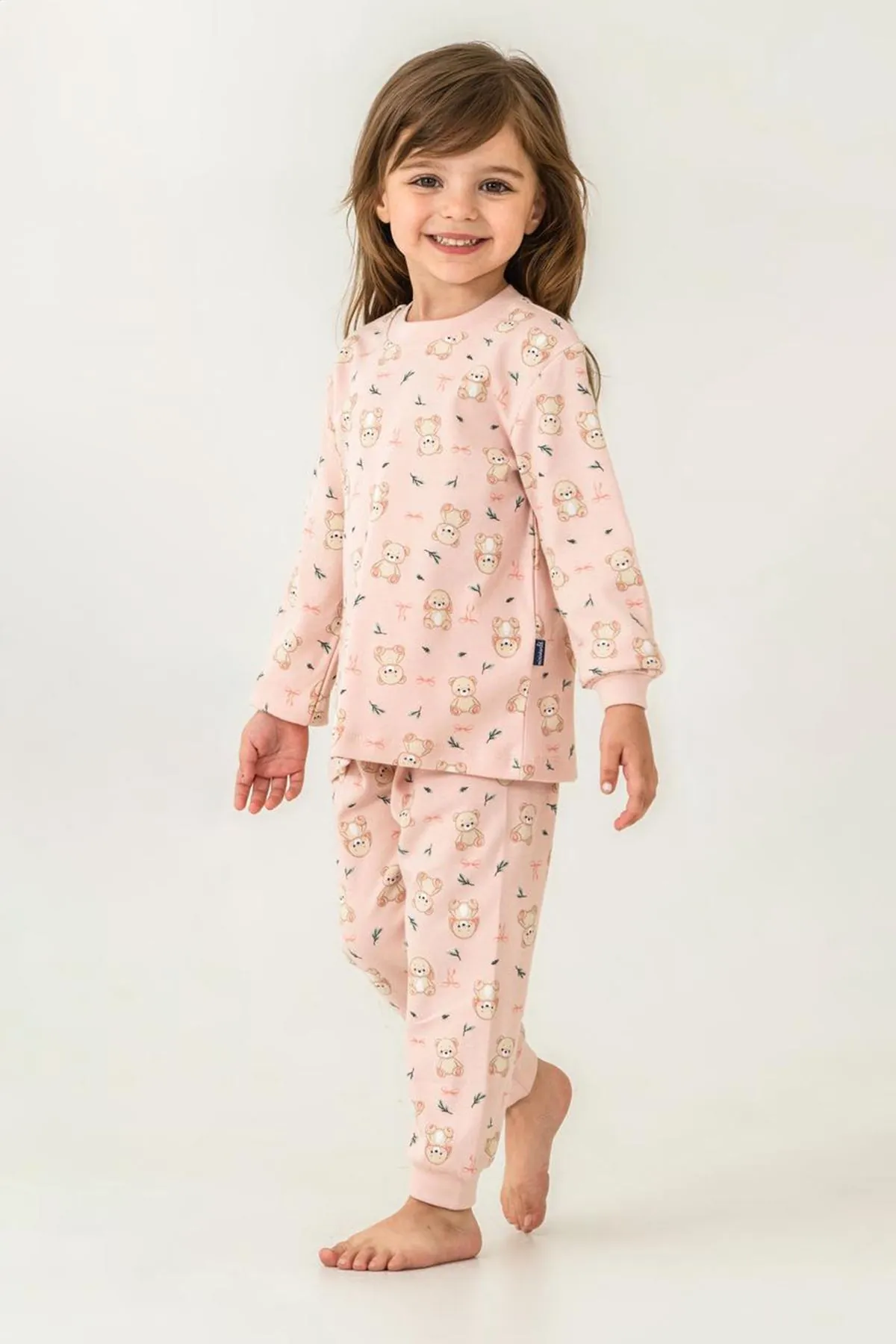 Miniğimin Cicileri Ayıcık Baskılı Sıfır Yaka Pamuklu Kız Çocuk Pijama Takımı - Pembe
