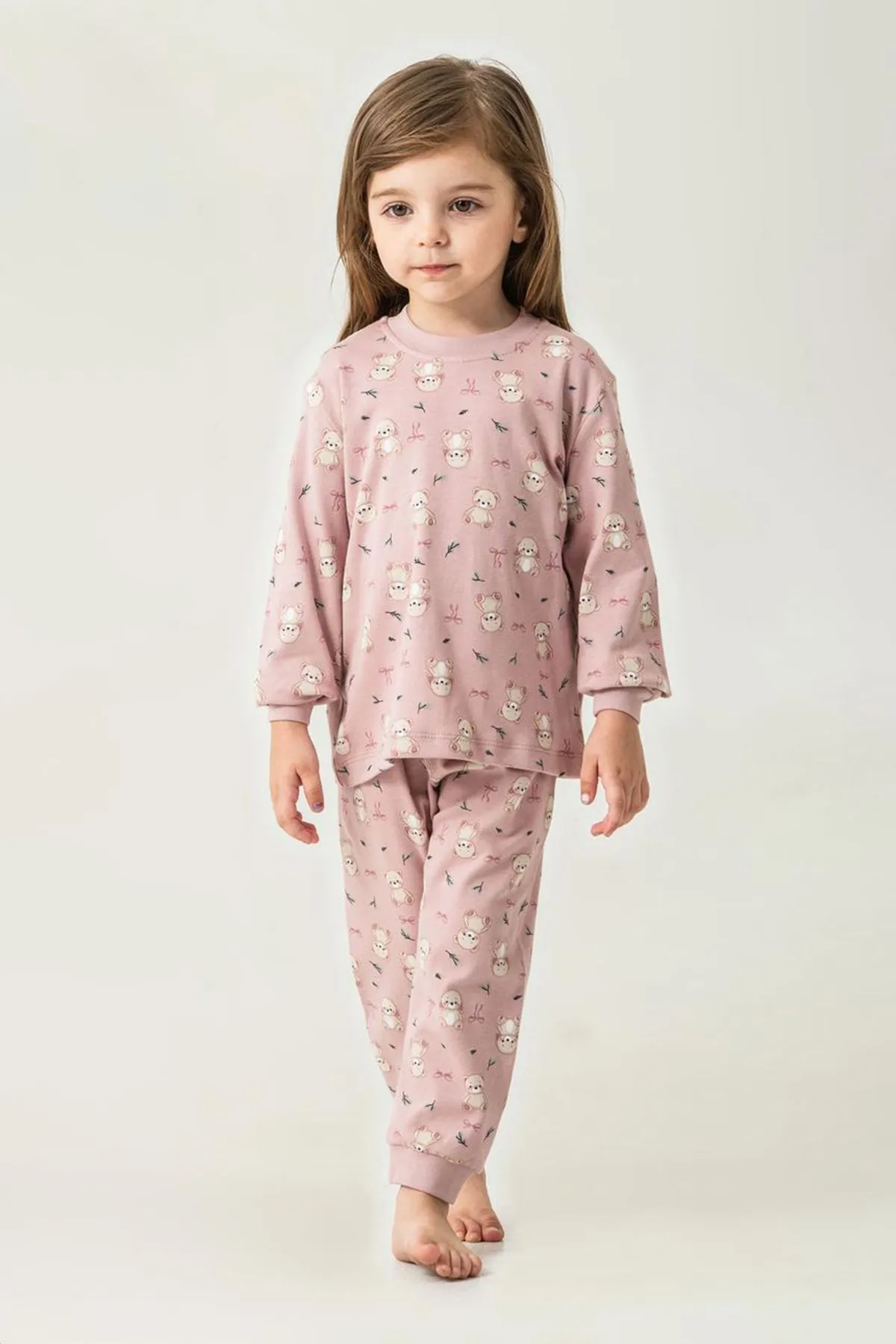Miniğimin Cicileri Ayıcık Baskılı Sıfır Yaka Pamuklu Kız Çocuk Pijama Takımı - Gül Kurusu