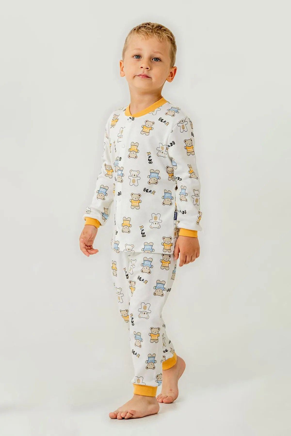 Miniğimin Cicileri Çıtçıtlı Ayıcık Baskılı Pamuklu Erkek Çocuk Pijama Takımı - Sarı