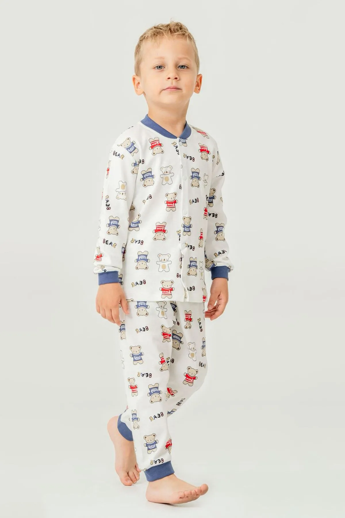 Miniğimin Cicileri Çıtçıtlı Ayıcık Baskılı Pamuklu Erkek Çocuk Pijama Takımı - Mavi
