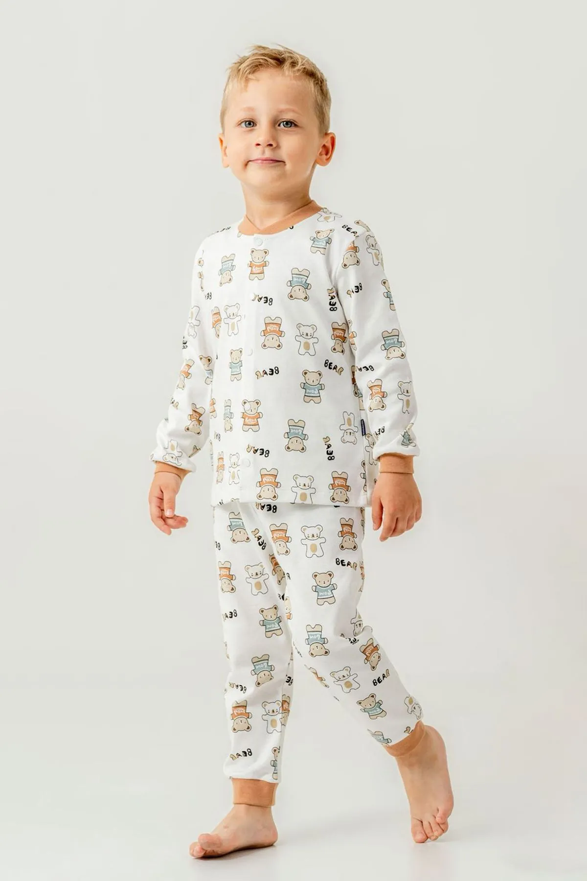 Miniğimin Cicileri Çıtçıtlı Ayıcık Baskılı Pamuklu Erkek Çocuk Pijama Takımı - Kahve
