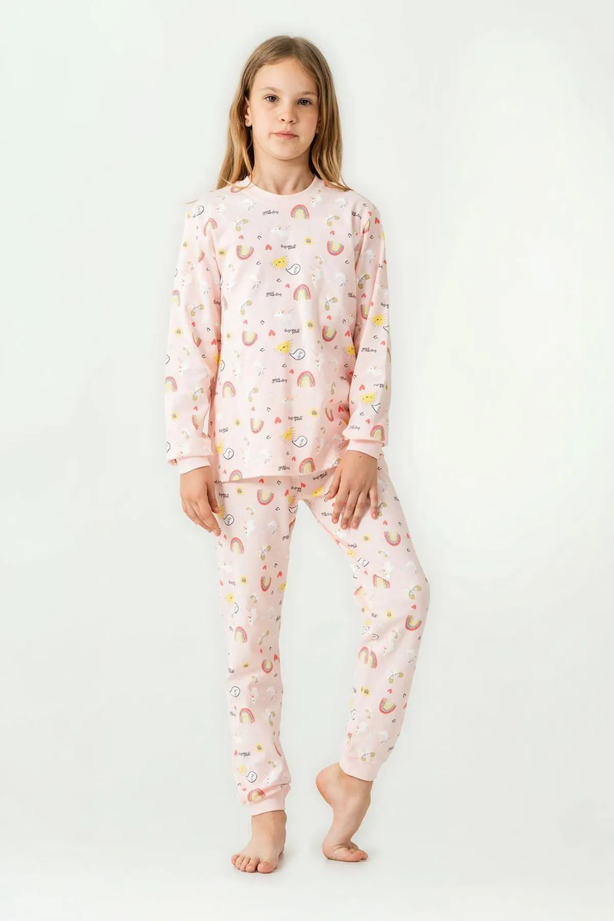 Miniğimin Cicileri Gökkuşağı Baskılı Sıfır Yaka Pamuklu Kız Çocuk Pijama Takımı - Somon