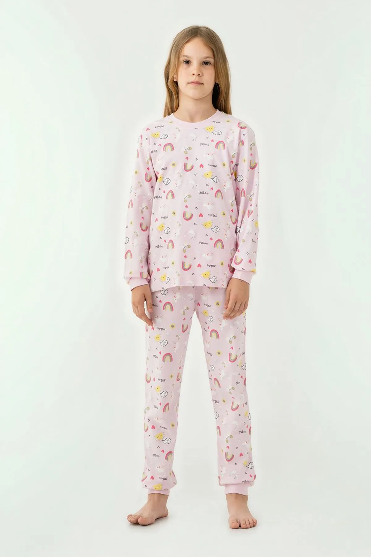 Miniğimin Cicileri Gökkuşağı Baskılı Sıfır Yaka Pamuklu Kız Çocuk Pijama Takımı - Pembe