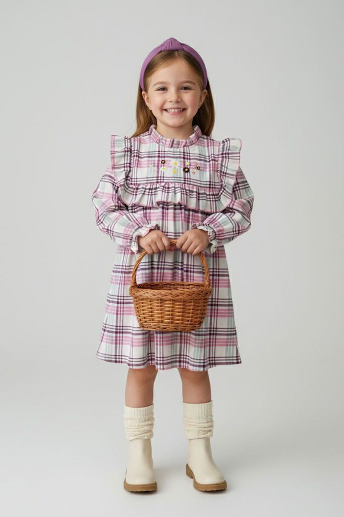 Miniğimin Cicileri Ekose Çiçek Nakış Detaylı Kız Çocuk Elbise - Mor