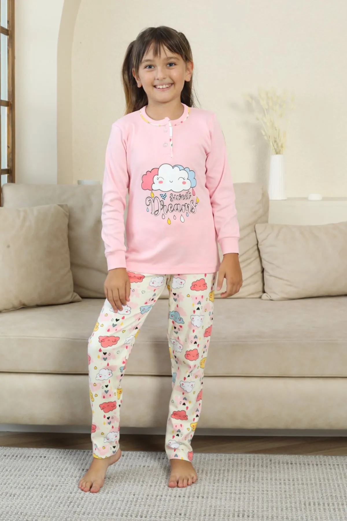 Miniğimin Cicileri Bulut Baskılı Düğmeli Kız Çocuk Pijama Takımı - Pembe