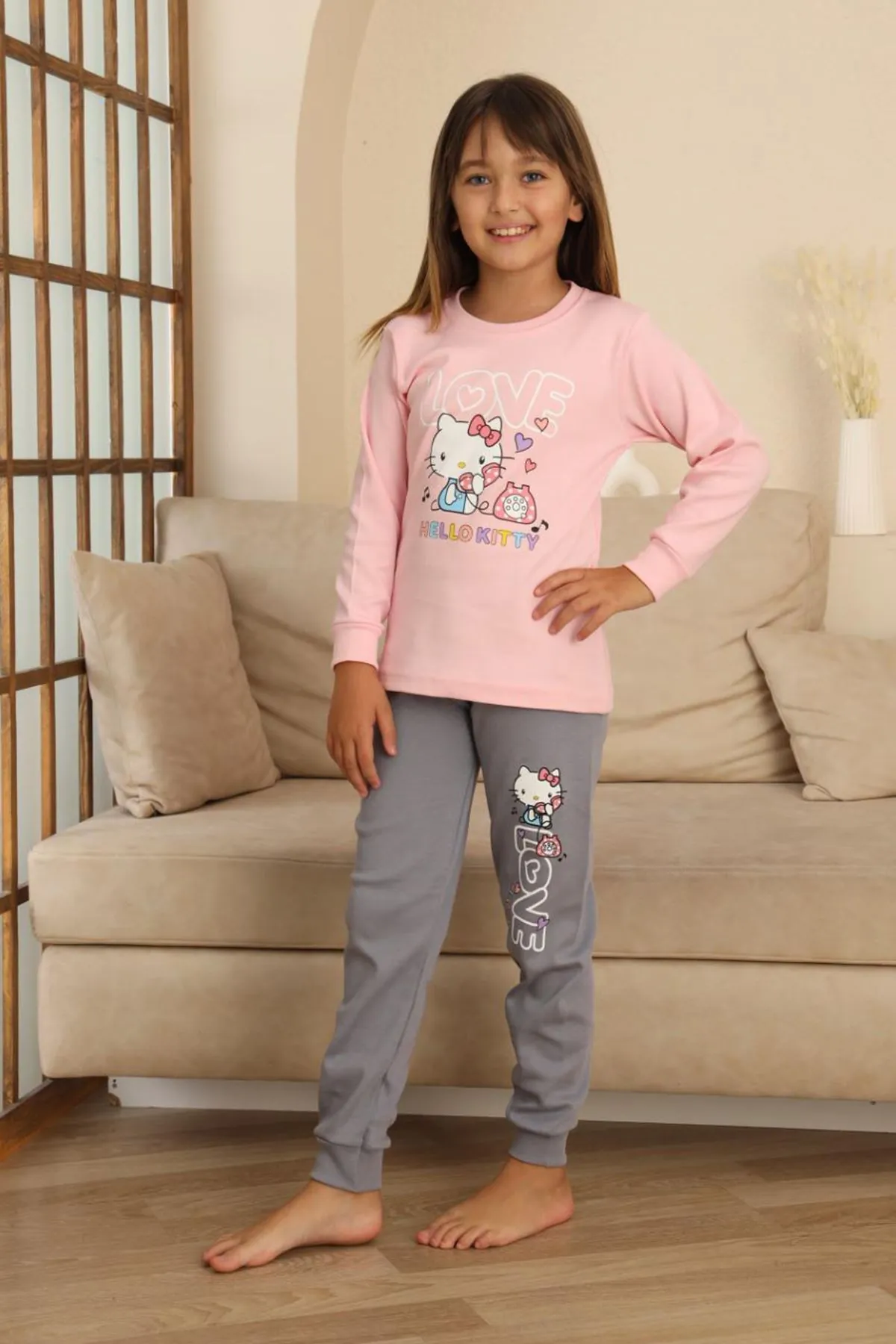 Miniğimin Cicileri Hll Kty Love  Baskılı Kız Çocuk Pijama Takımı - Pembe