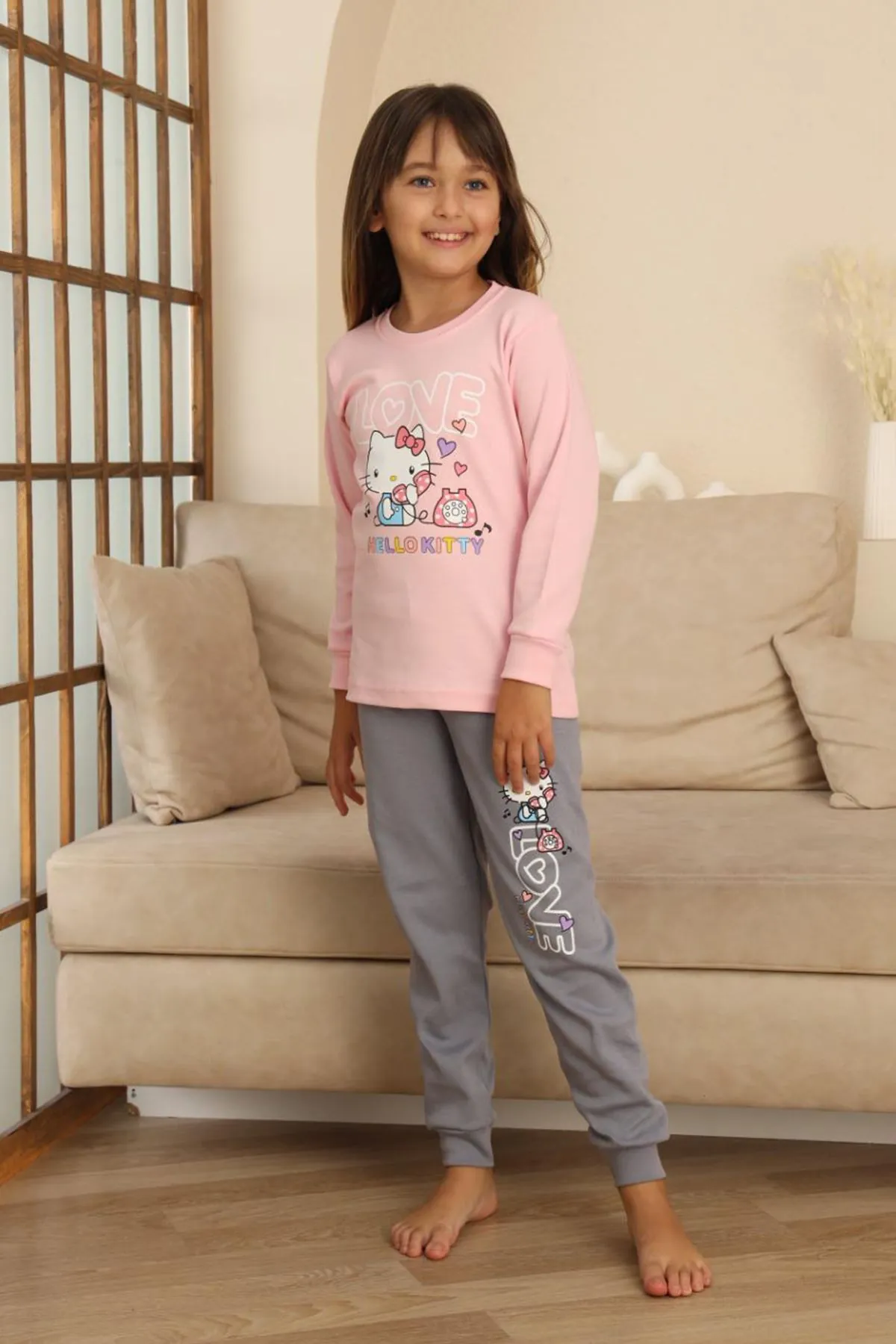 Miniğimin Cicileri Hll Kty Love  Baskılı Kız Çocuk Pijama Takımı - Pembe
