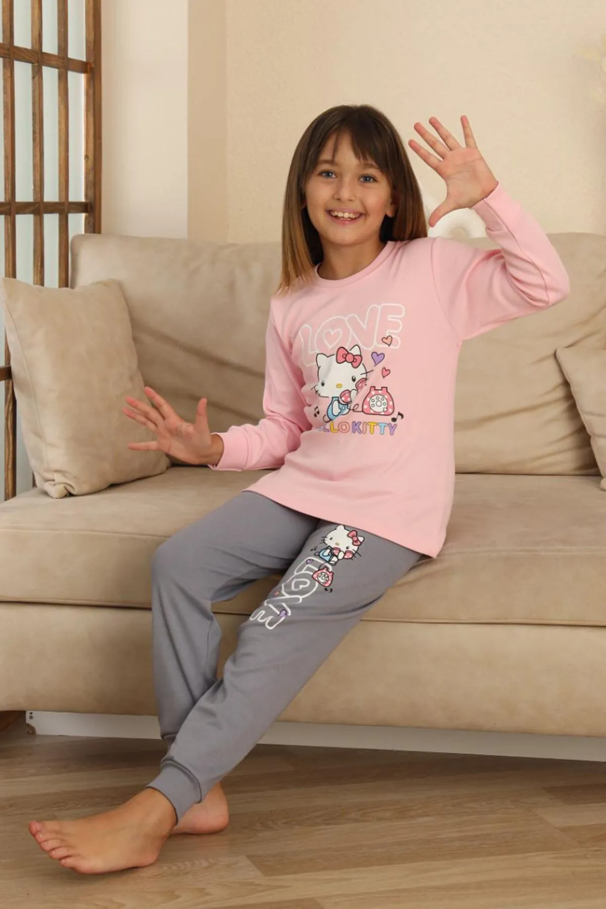 Miniğimin Cicileri Hll Kty Love  Baskılı Kız Çocuk Pijama Takımı - Pembe