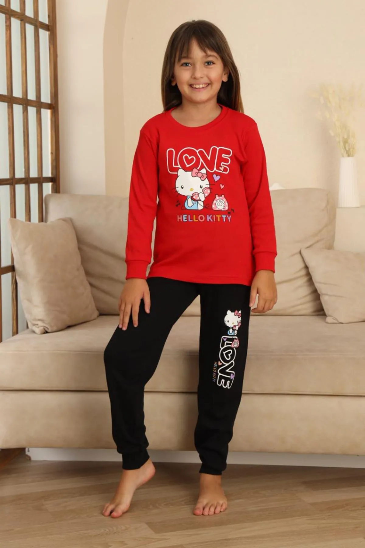 Miniğimin Cicileri Hll Kty Love  Baskılı Kız Çocuk Pijama Takımı - Kırmızı