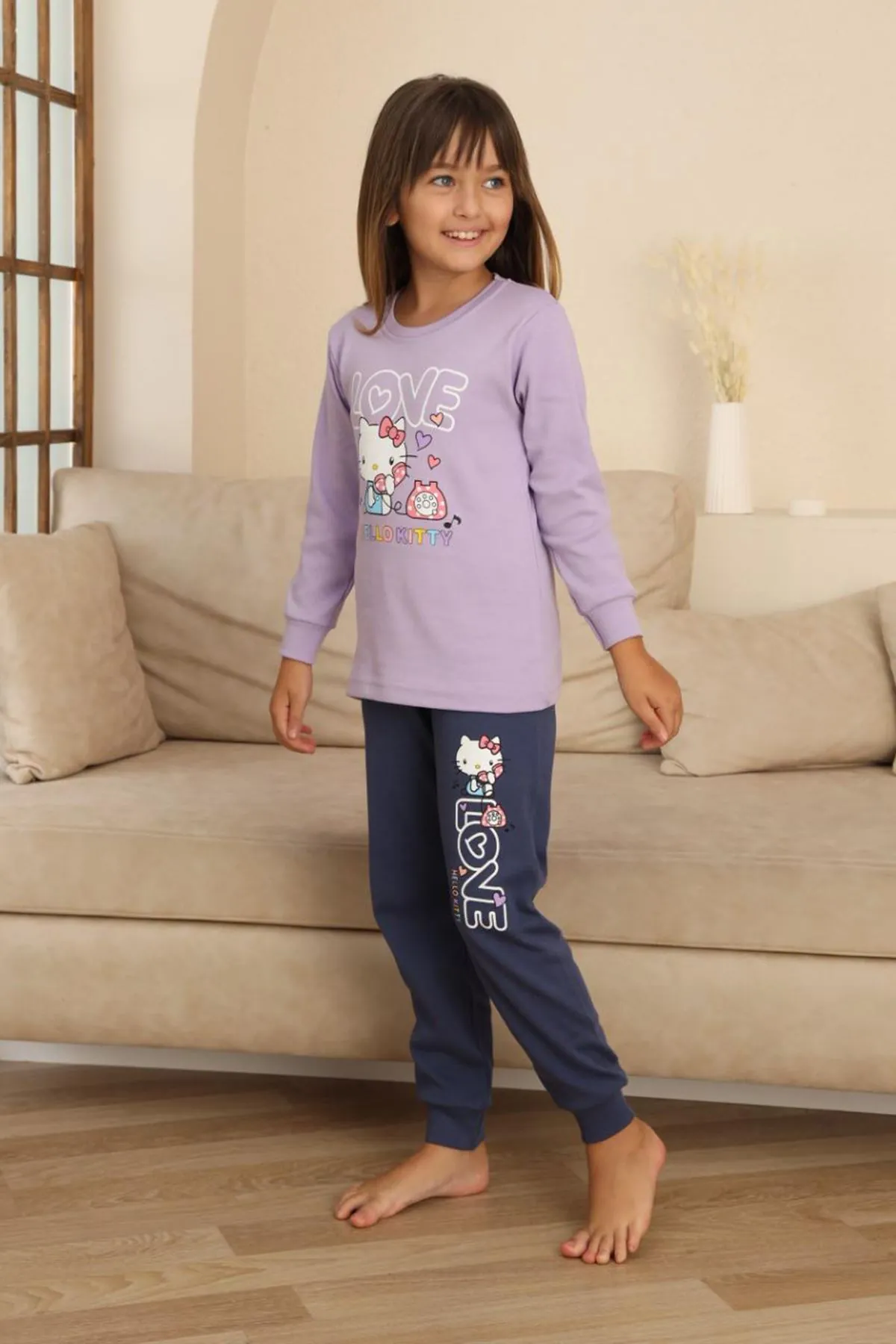 Miniğimin Cicileri Hll Kty Love  Baskılı Kız Çocuk Pijama Takımı - Lila