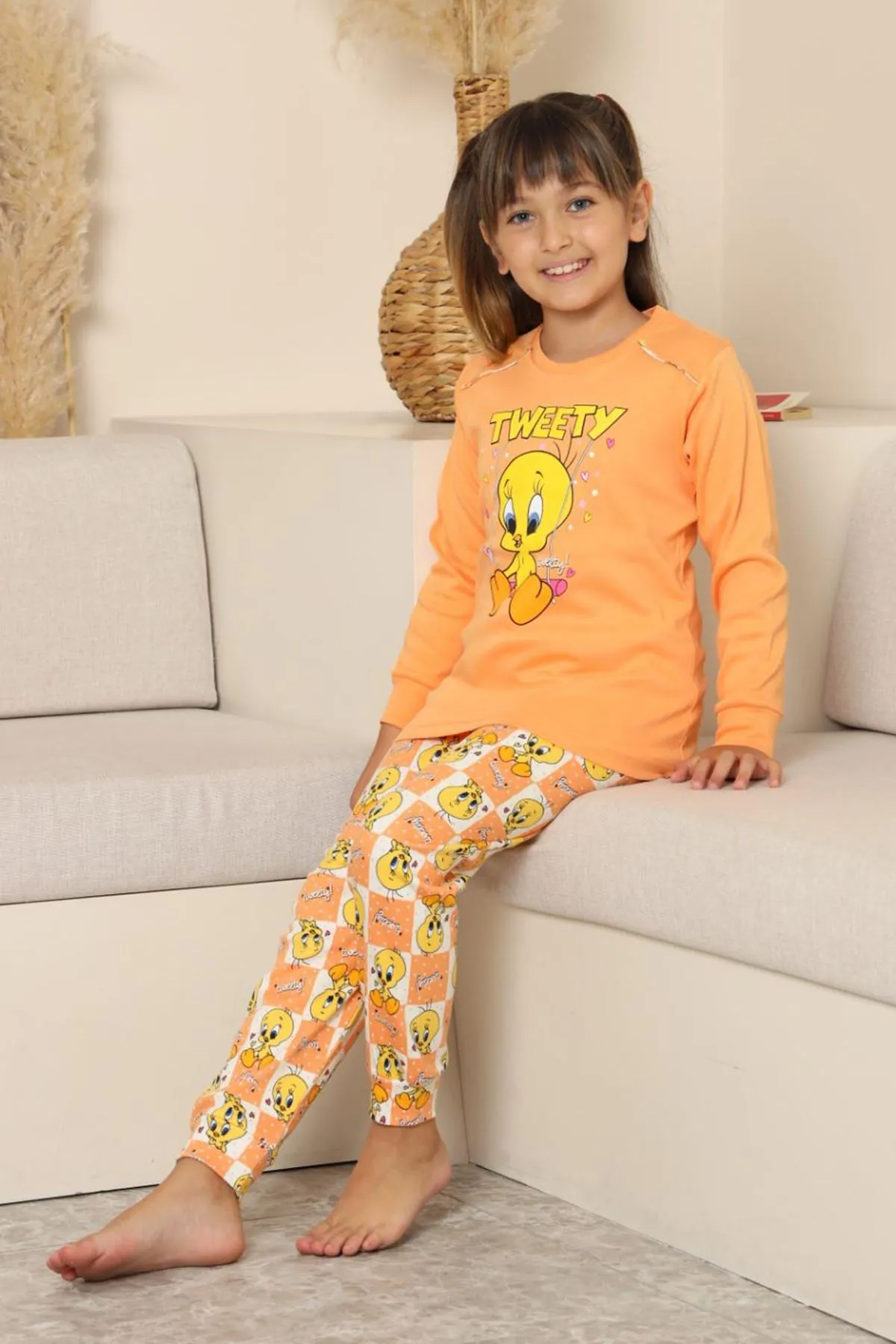 Miniğimin Cicileri Sevimli Civciv Baskılı Kız Çocuk Pijama Takımı - Turuncu