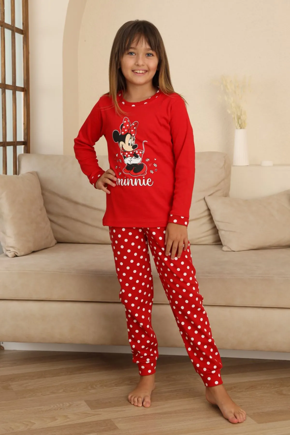 Miniğimin Cicileri Mnn Puantiye Baskılı Kız Çocuk Pijama Takımı - Kırmızı