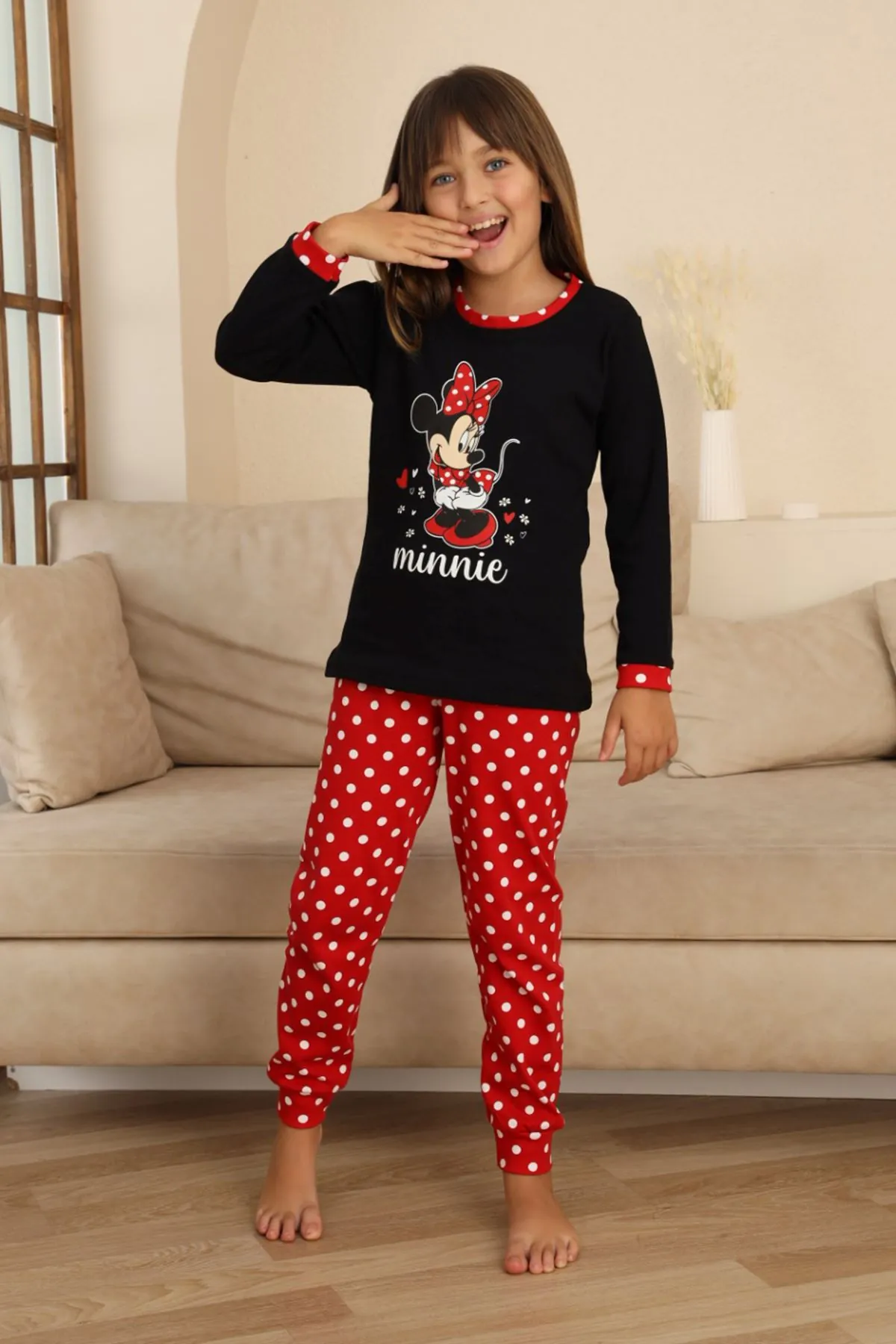 Miniğimin Cicileri Mnn Puantiye Baskılı Kız Çocuk Pijama Takımı - Siyah