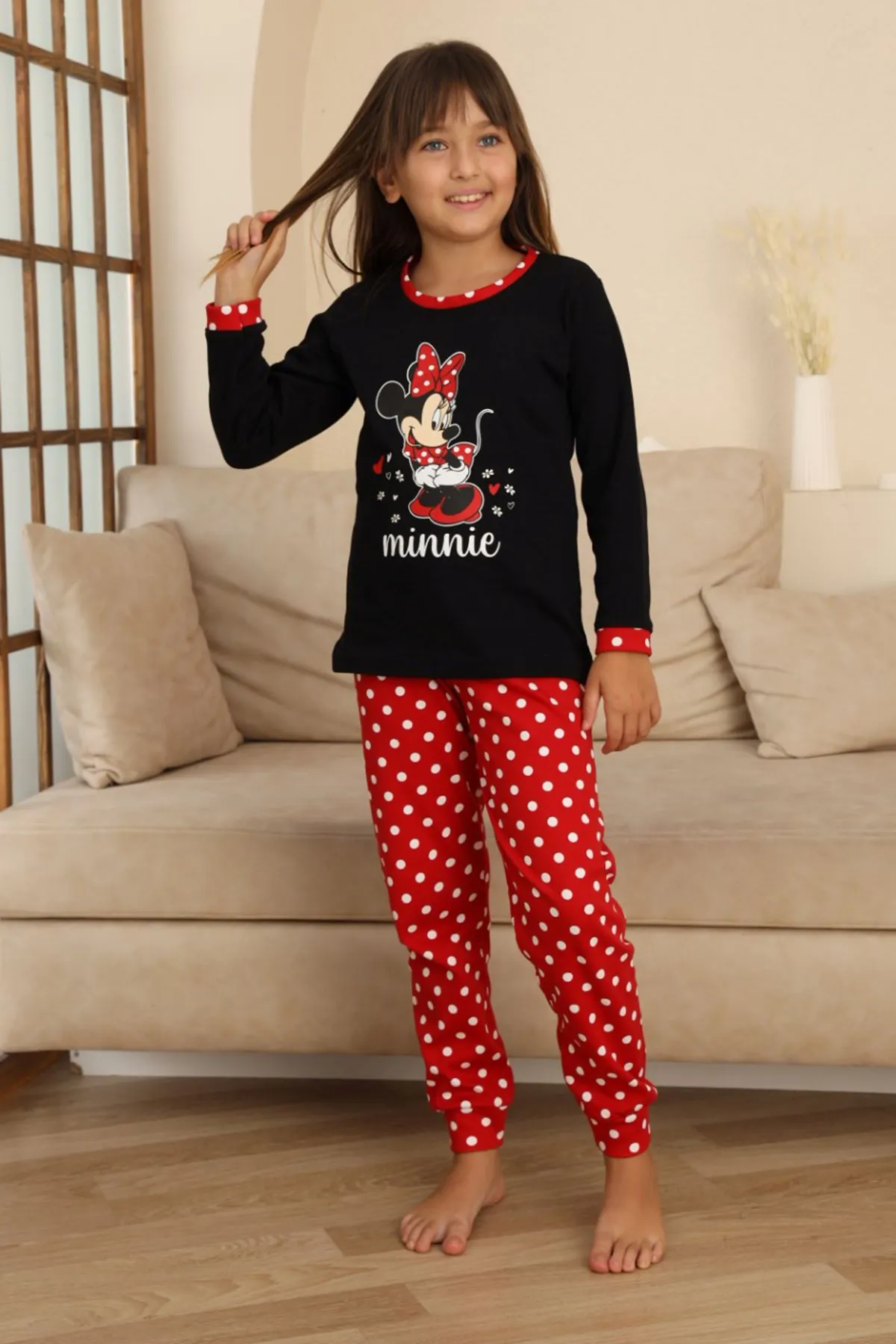 Miniğimin Cicileri Mnn Puantiye Baskılı Kız Çocuk Pijama Takımı - Siyah
