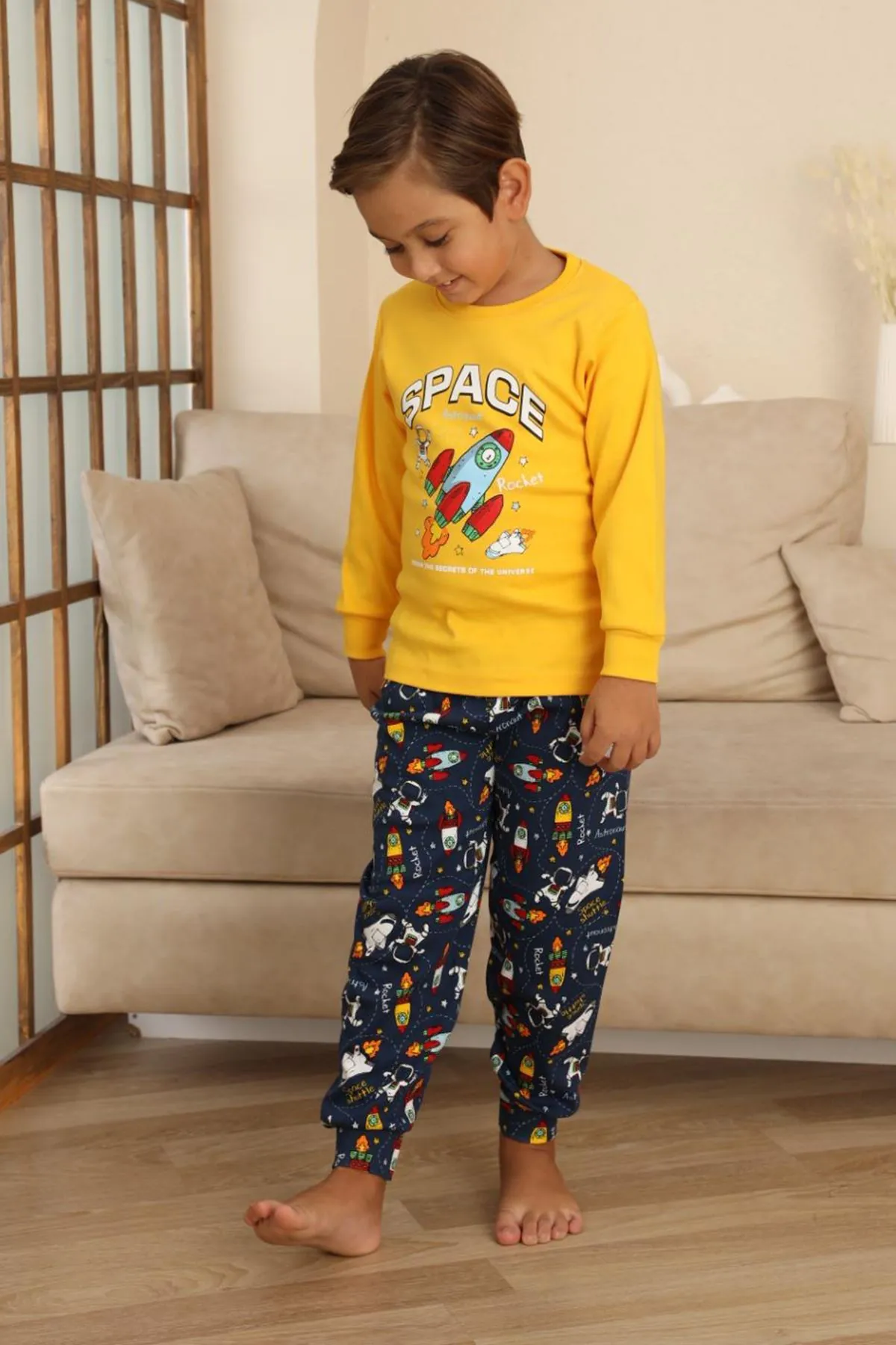 Miniğimin Cicileri Space Baskılı Erkek Çocuk Pijama Takımı - Sarı