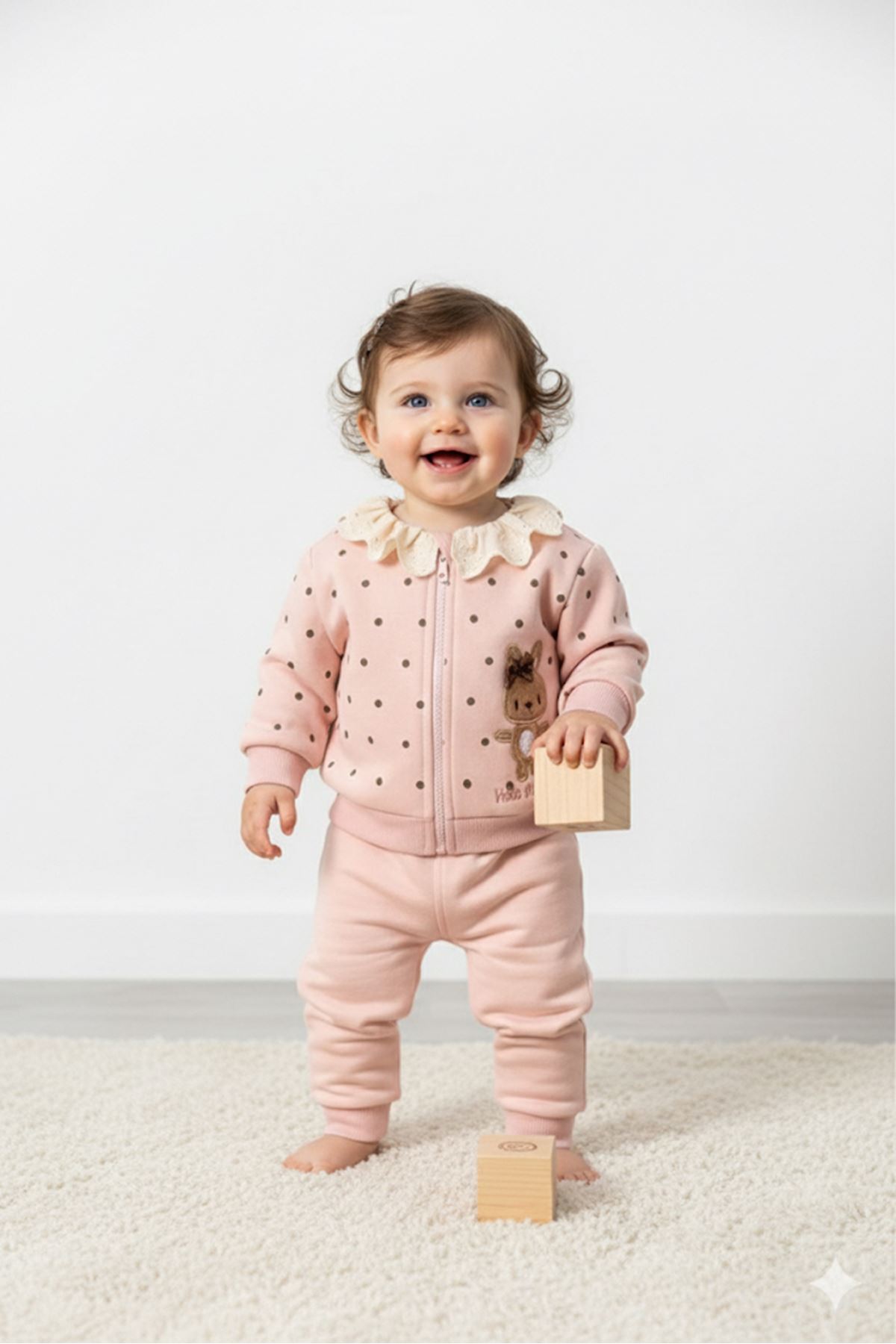 Miniğimin Cicileri Kız Bebe Tavşan Detaylı Fırfır Yakalı Hırkalı Takım - Pembe