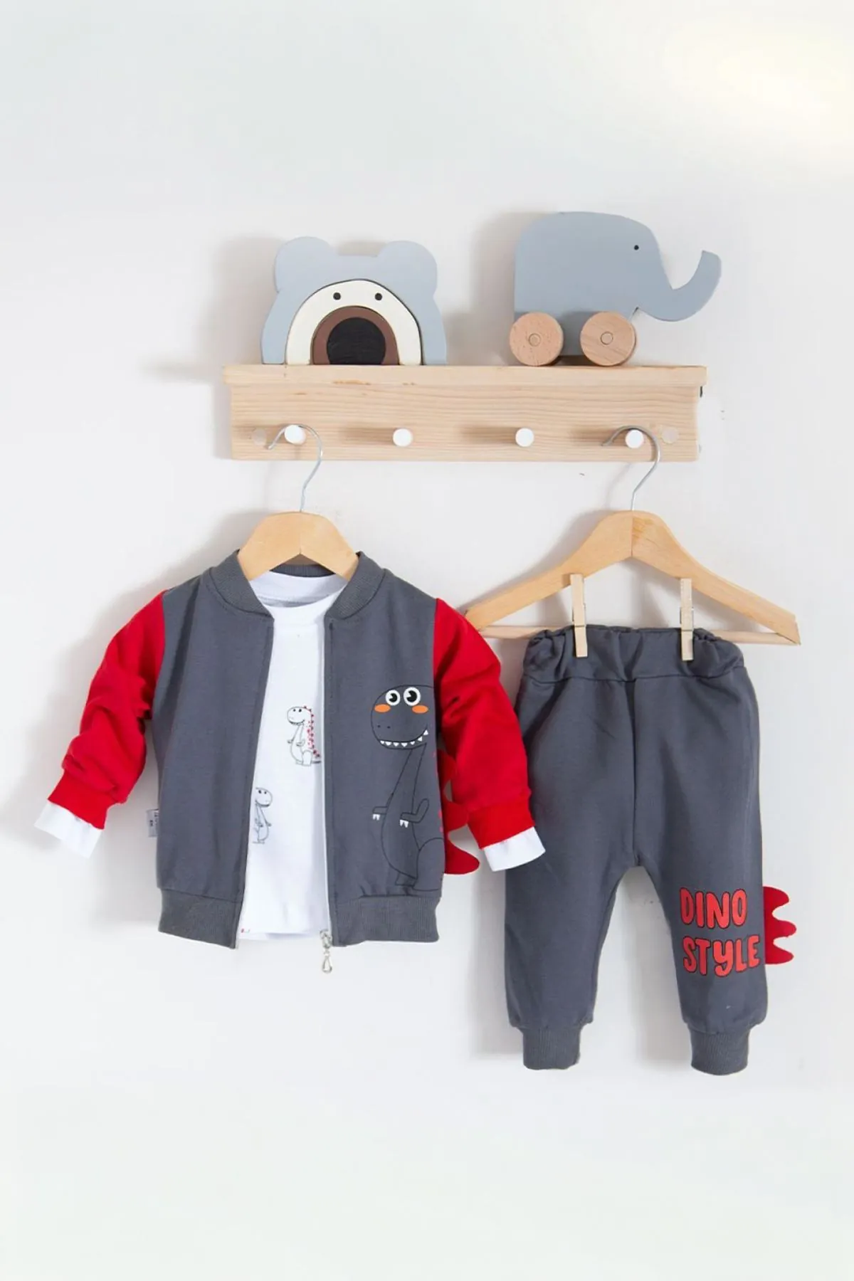 Miniğimin Cicileri Dino Desenli Erkek Bebek 3 lü Takım - Kırmızı