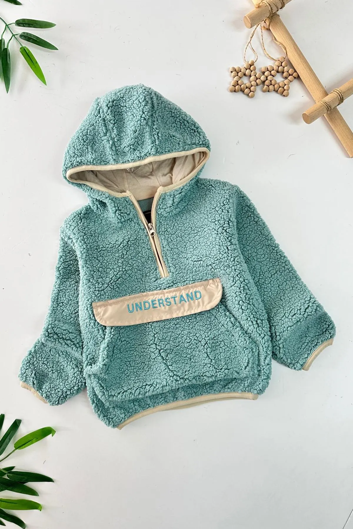Miniğimin Cicileri Kanguru Cep Detaylı Kapüşonlu Unisex Çocuk Polar Sweat - Yeşil