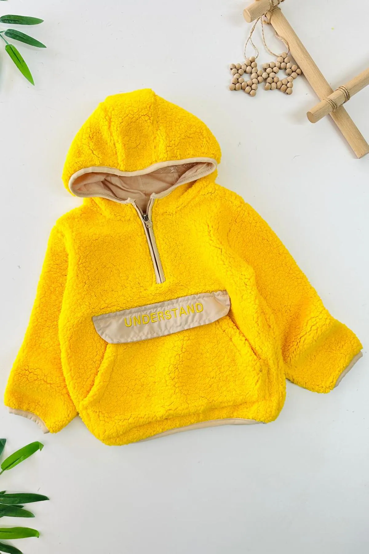 Miniğimin Cicileri Kanguru Cep Detaylı Kapüşonlu Unisex Çocuk Polar Sweat - Sarı