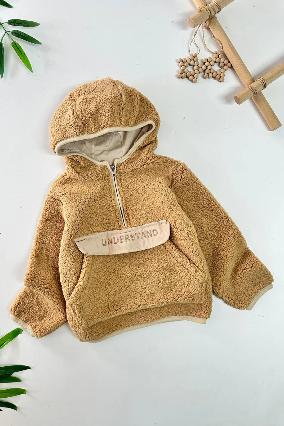 Miniğimin Cicileri Kanguru Cep Detaylı Kapüşonlu Unisex Çocuk Polar Sweat - Açık Kahve