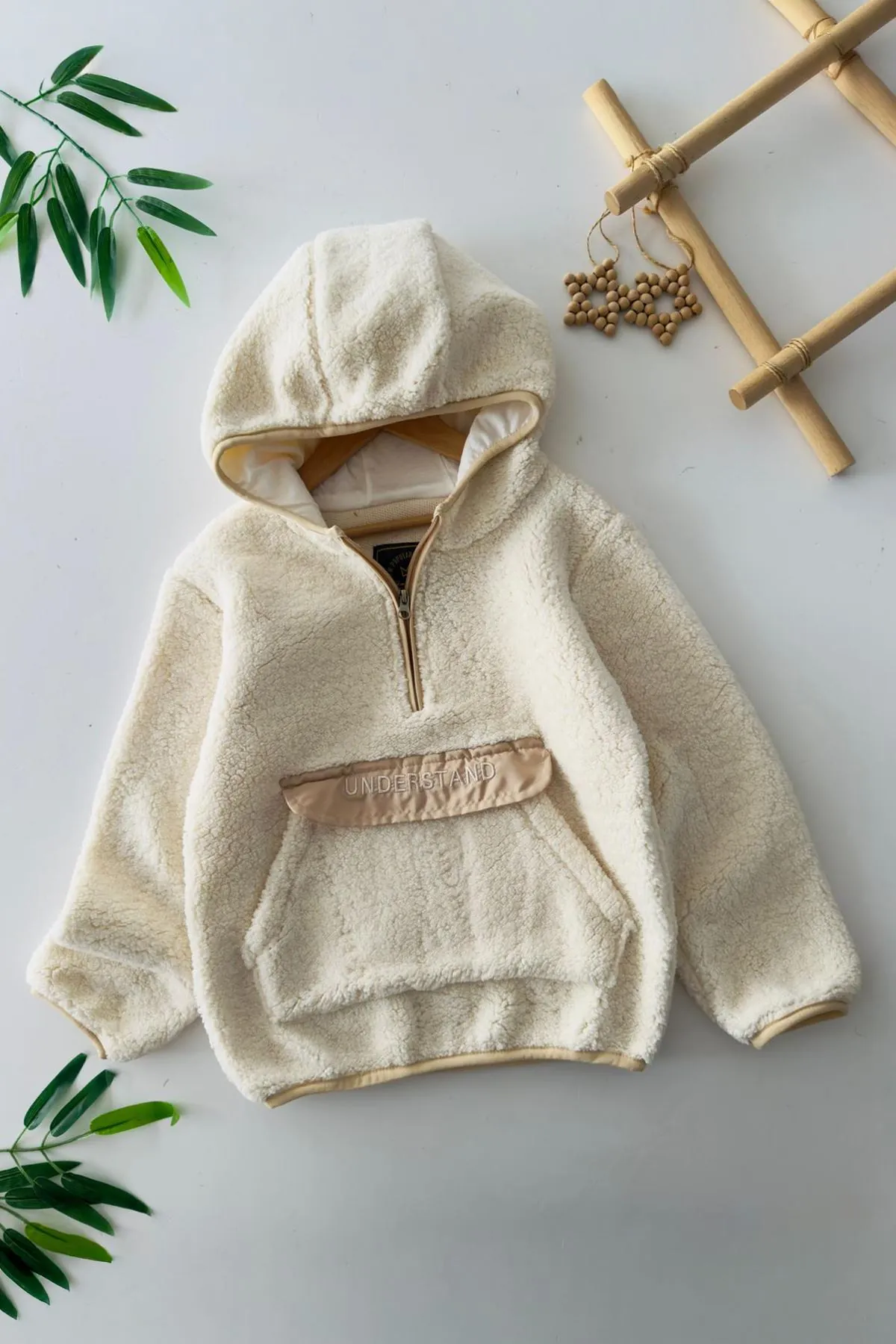 Miniğimin Cicileri Kanguru Cep Detaylı Kapüşonlu Unisex Çocuk Polar Sweat - Bej