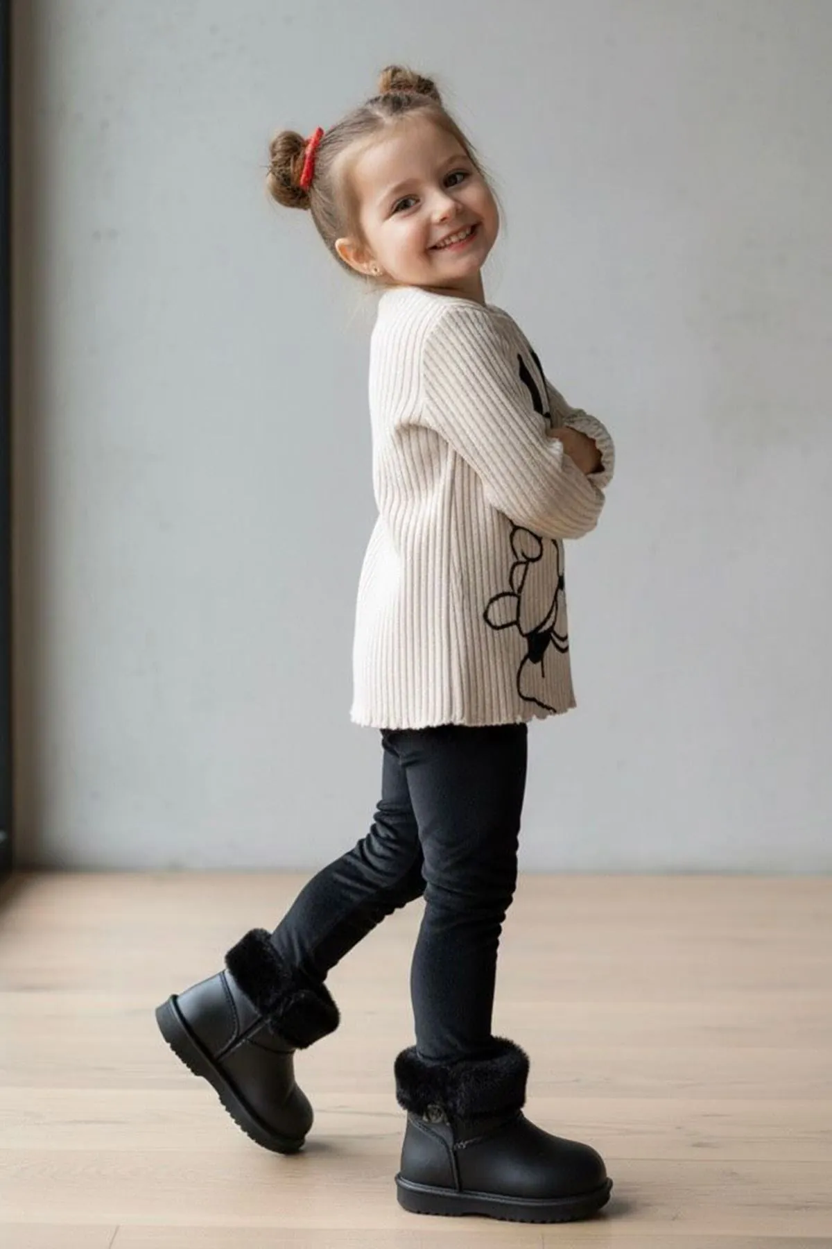 Miniğimin Cicileri Mnn Fiyonk Kadife Baskılı Kız Çocuk Sweatshirt - Bej
