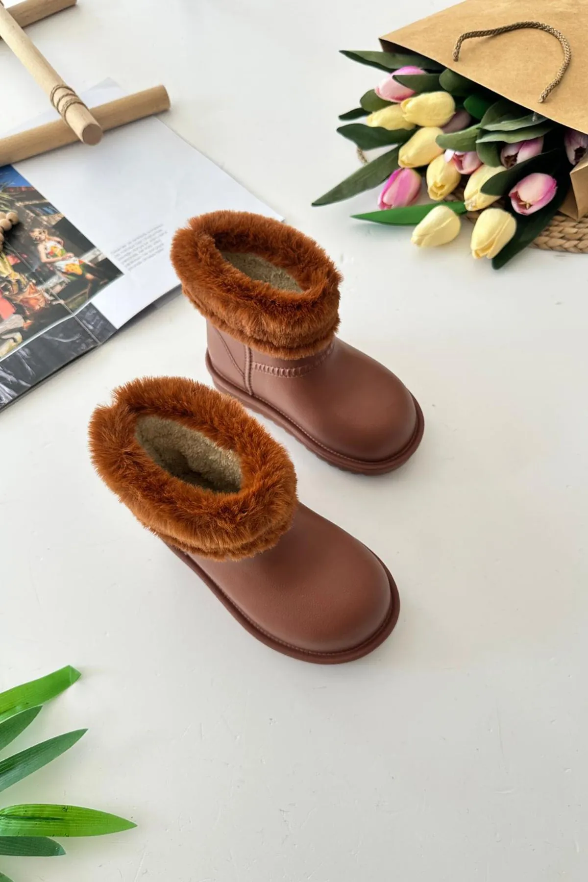 Miniğimin Cicileri Kürklü Renkli Yağmur Botu - Taba